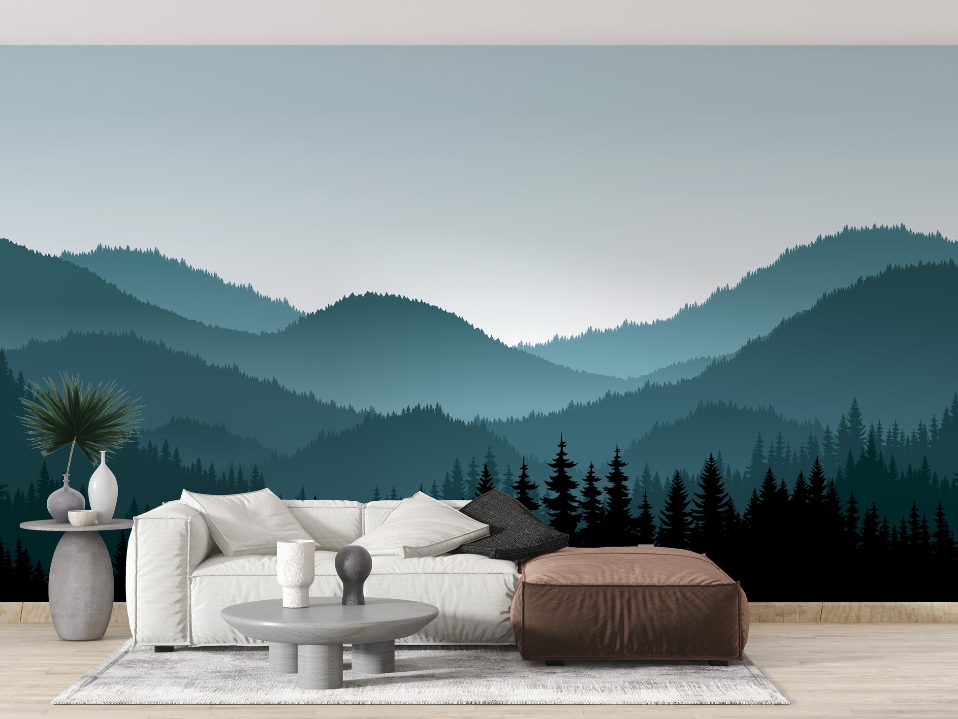 Serene mountain mural with soft shadows
