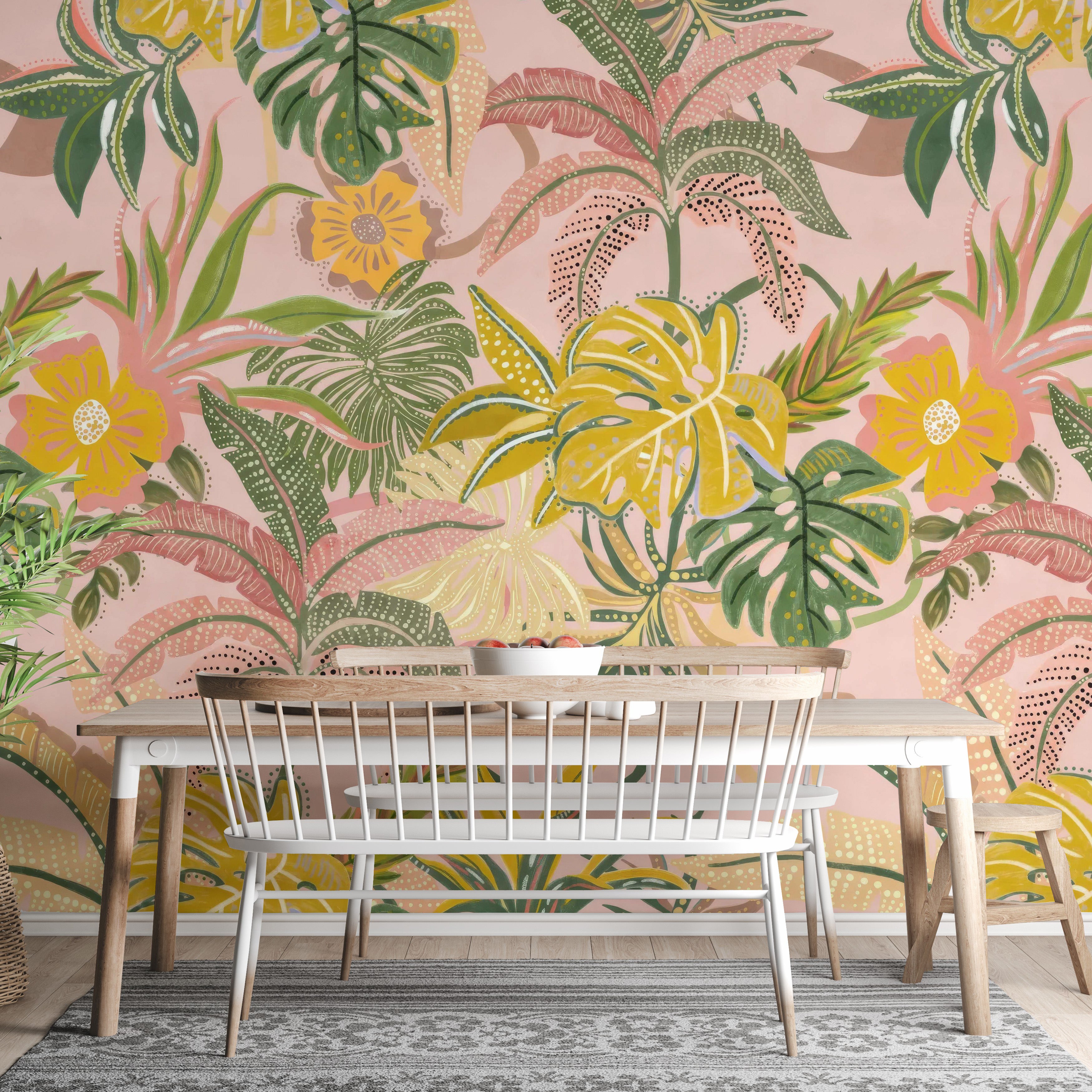 Energetic tropical leaf wallpaper with multicolored tones
