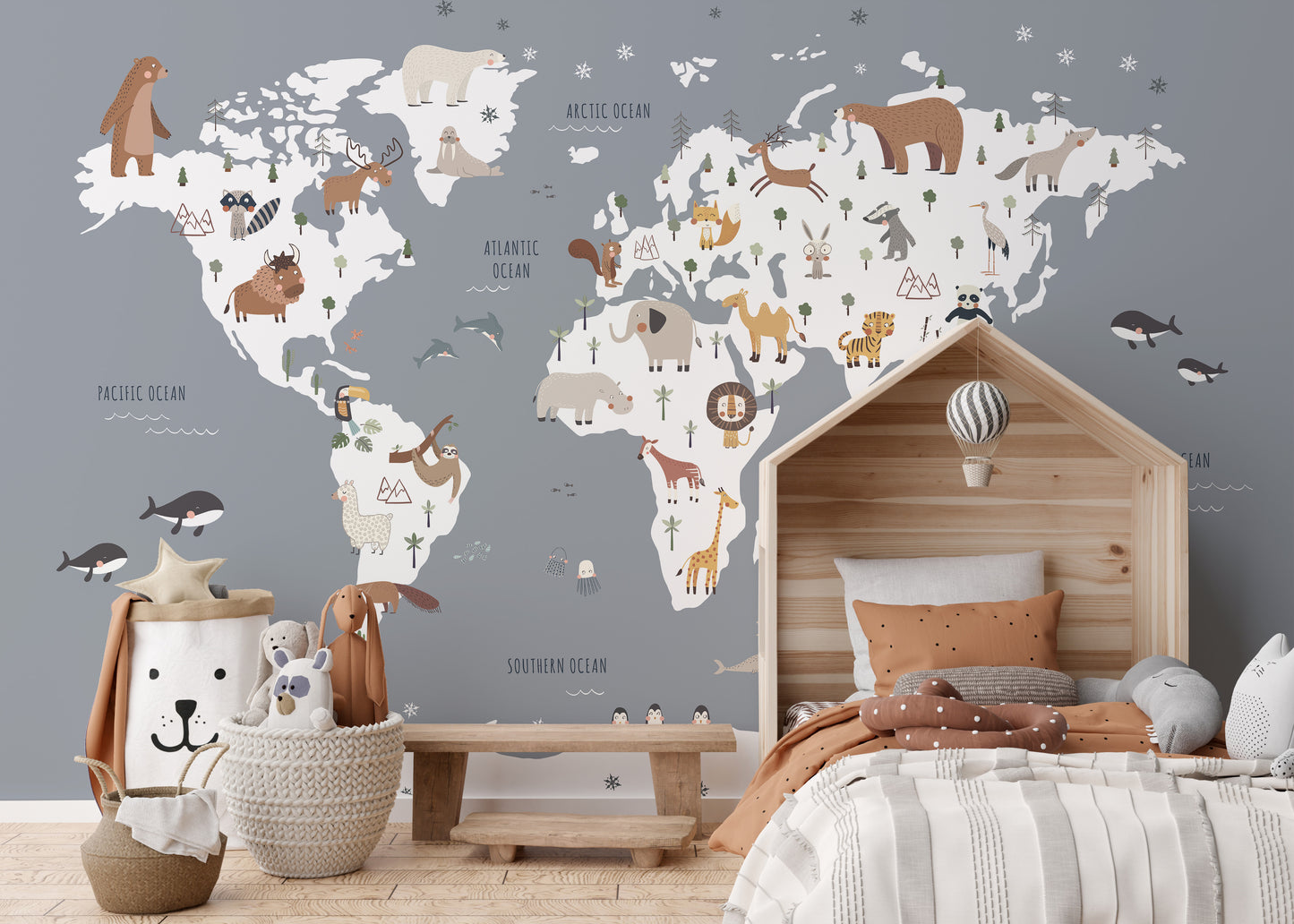 World map design mural perfect for children's rooms
