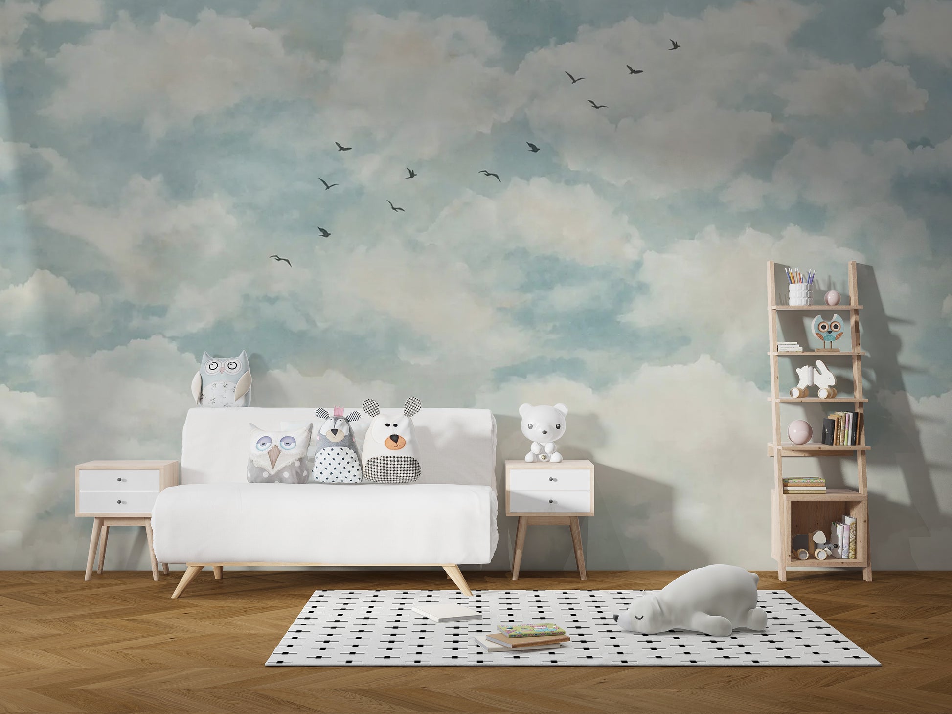 Soft watercolor clouds and birds wallpaper for tranquil spaces
