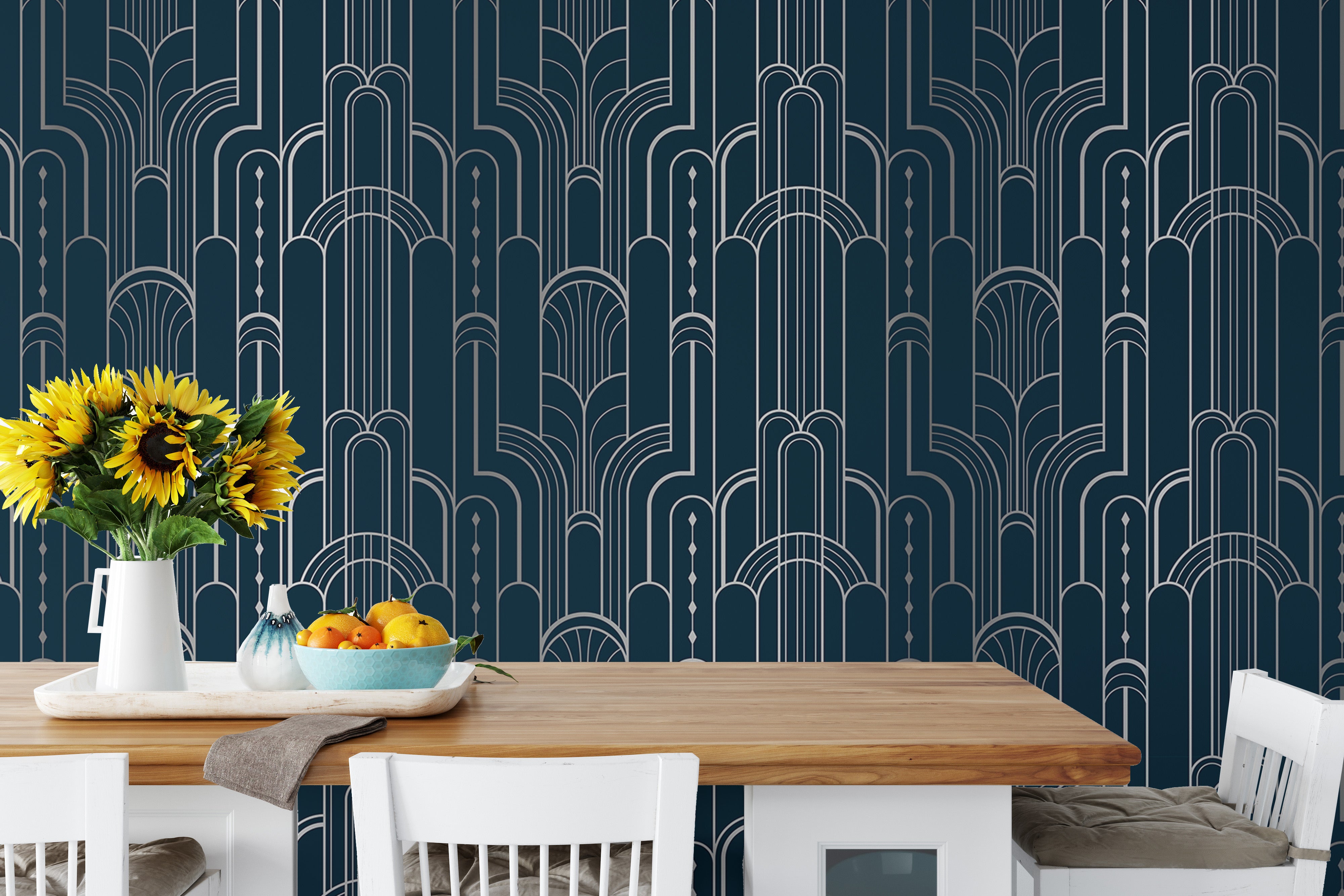 Modern dark blue removable Deco wallpaper pattern.