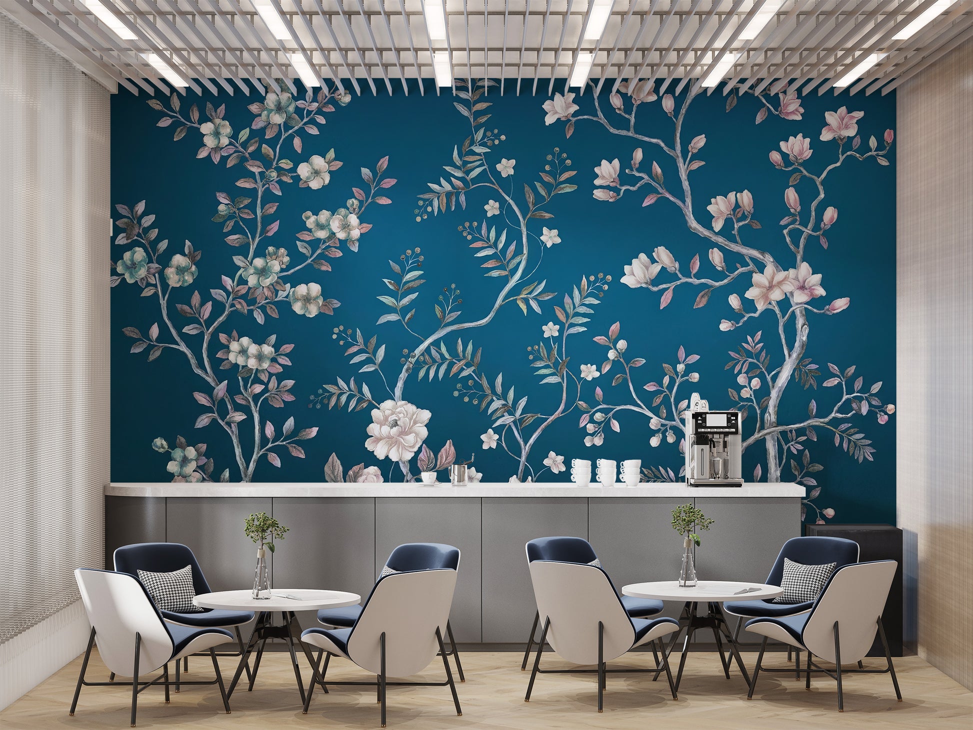 Stylish blue chinoiserie wall mural for serene spaces
