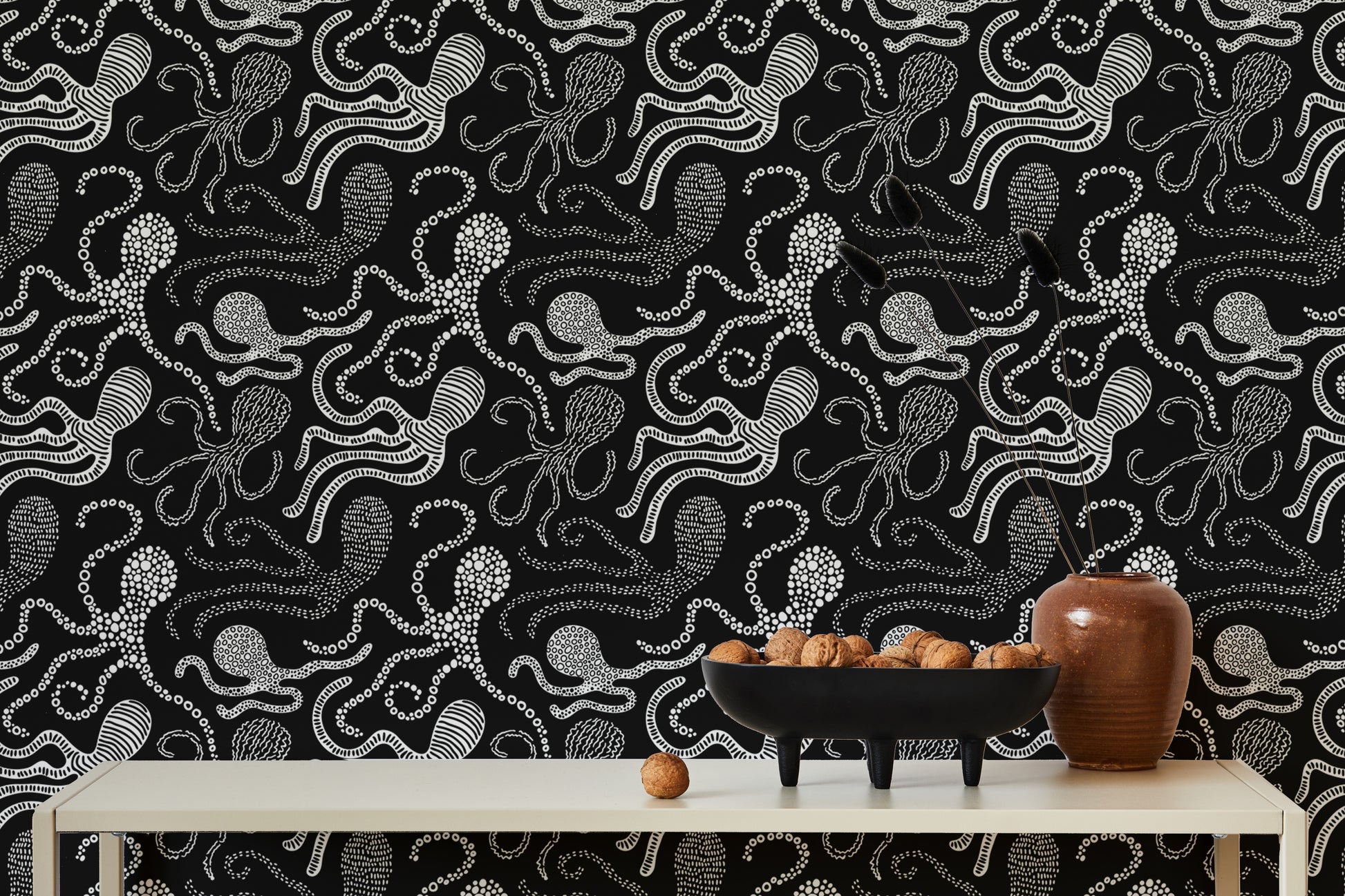 Black and white wallpaper with abstract octopus design