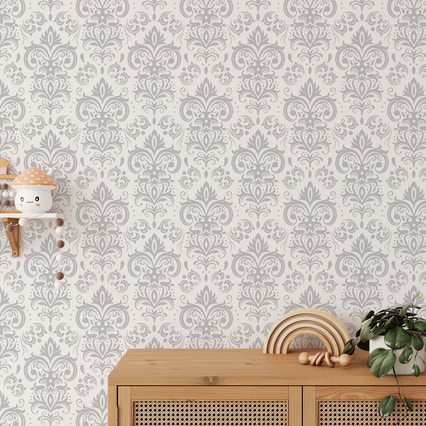 Stylish Rococo White Damask Peel and Stick Wallpaper