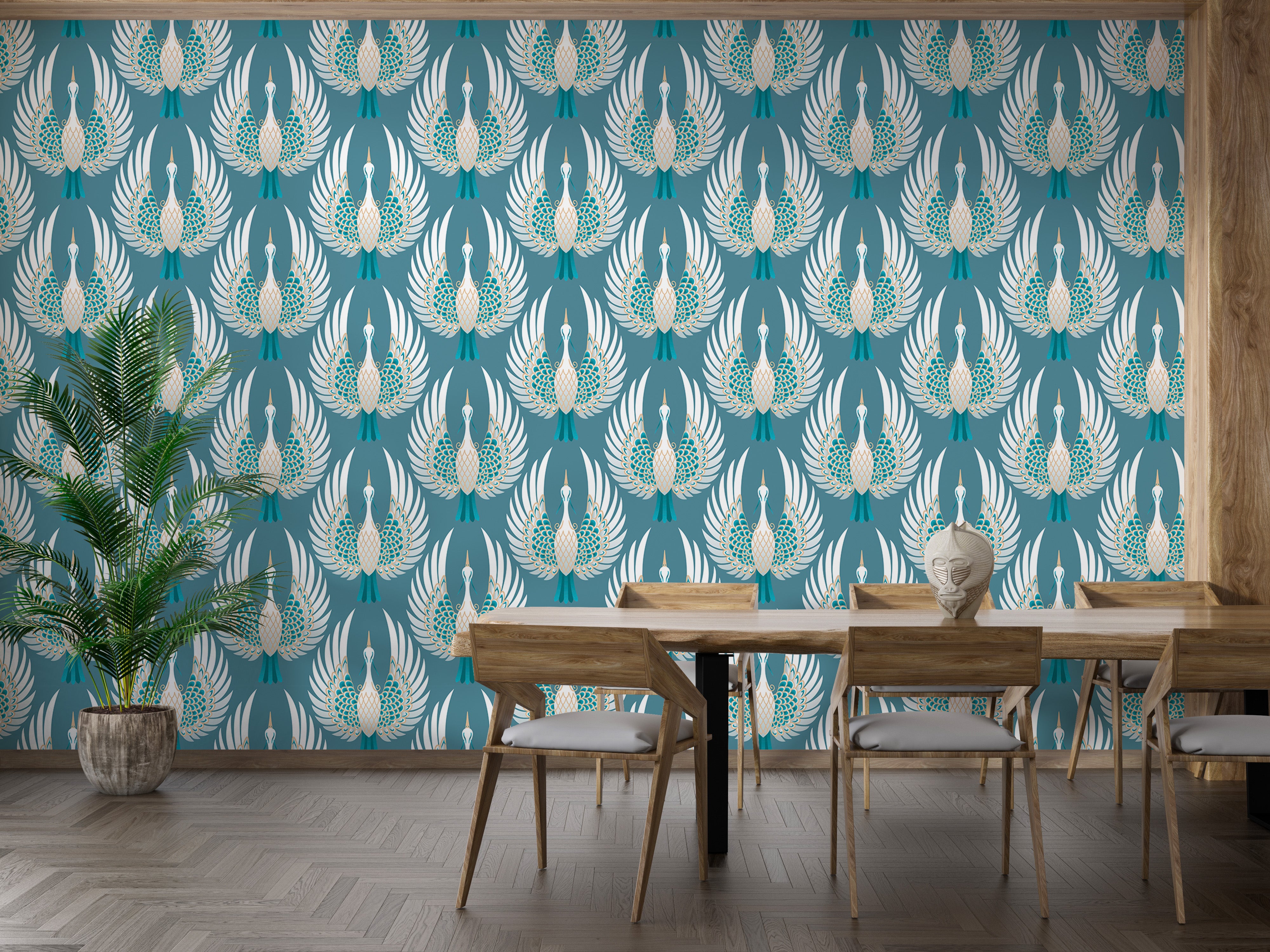 Elegant crane bird design on blue wallpaper decor.