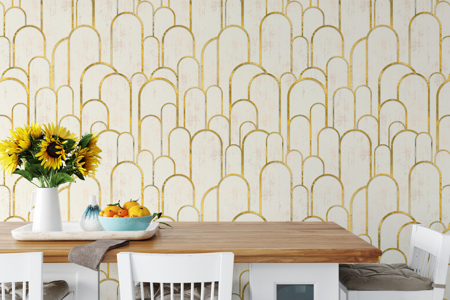 Golden Deco arch repeat pattern for modern walls.