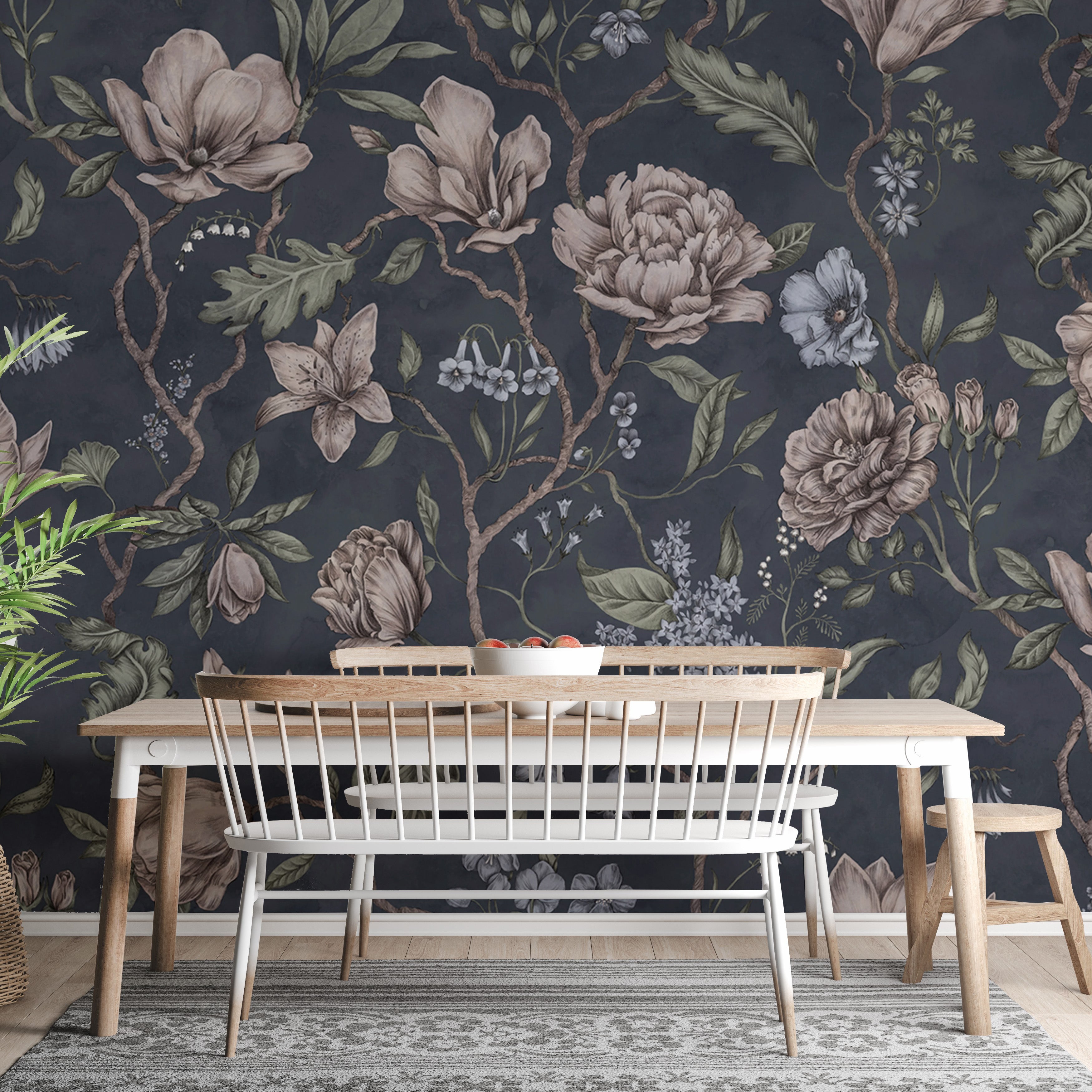 Intricate chinoiserie mural in deep blue for statement walls
