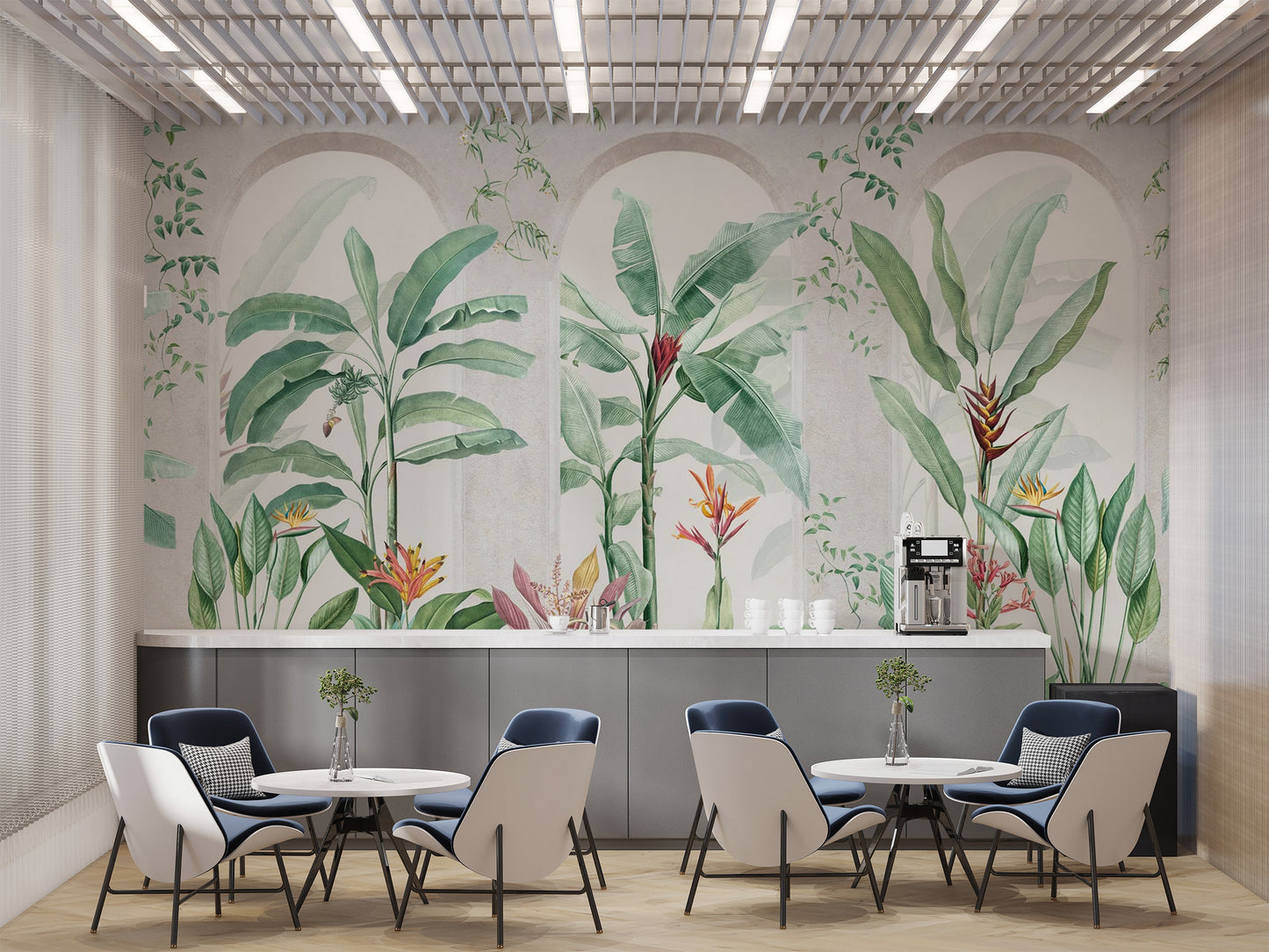 Green banana leaf mural for a tropical room vibe
