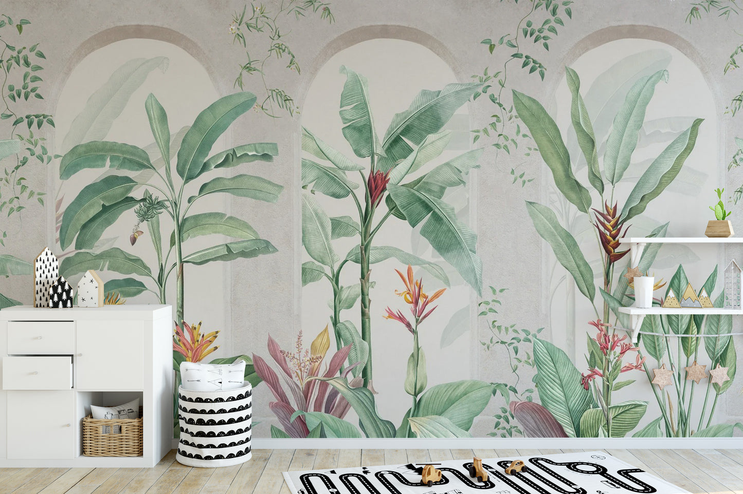 Lush tropical banana leaf wallpaper for lively spaces
