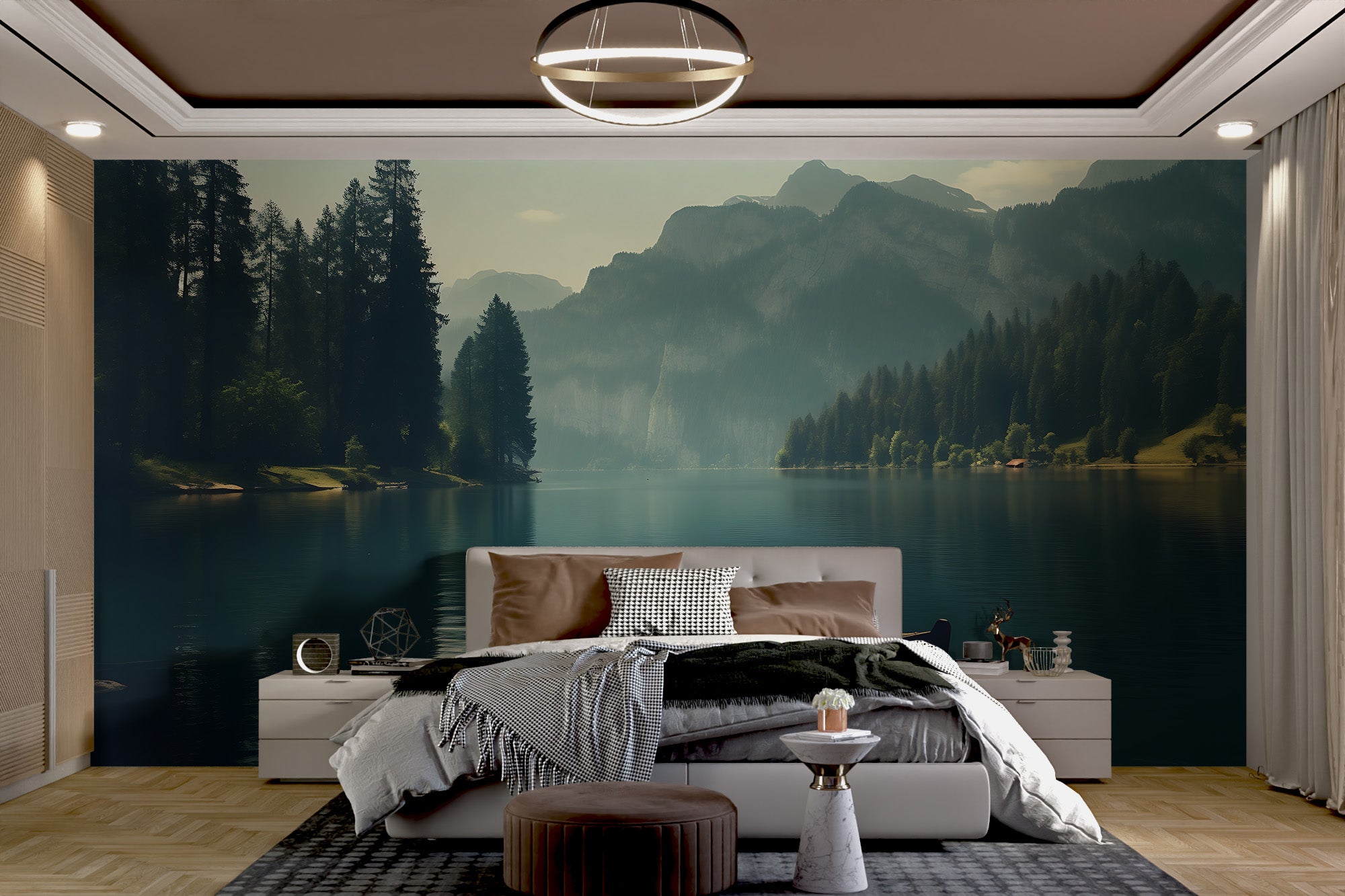 Serene lake with wooden boat mural
