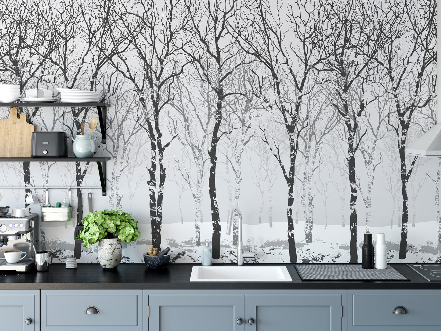 Serene winter birch tree wallpaper art
