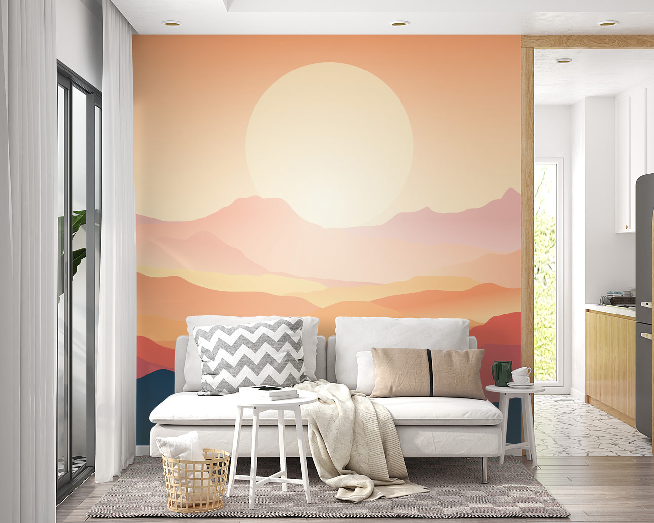 Sunset mountain landscape wallpaper with warm earthy tones
