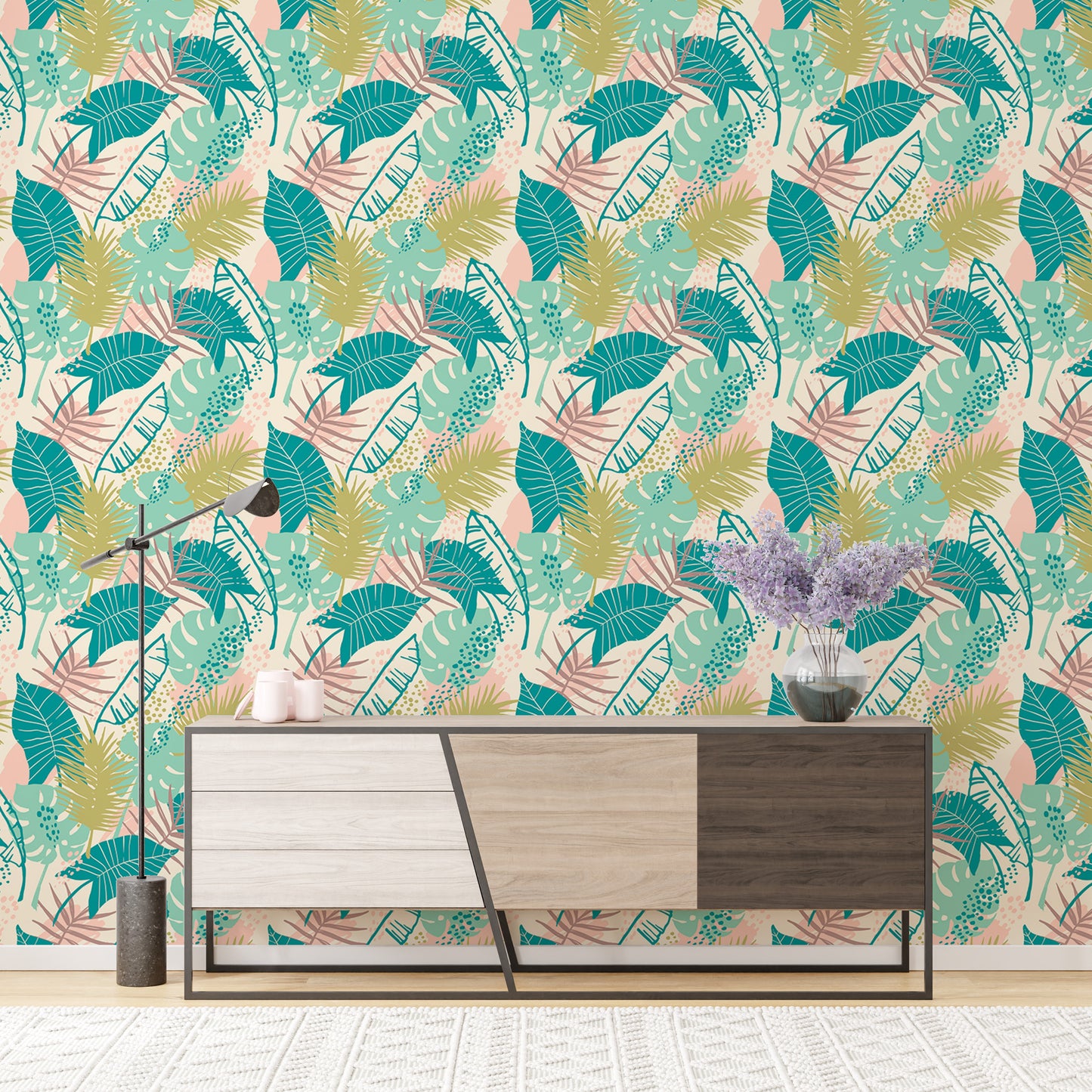 Colorful Tropical Plants Repeat Pattern Wallpaper