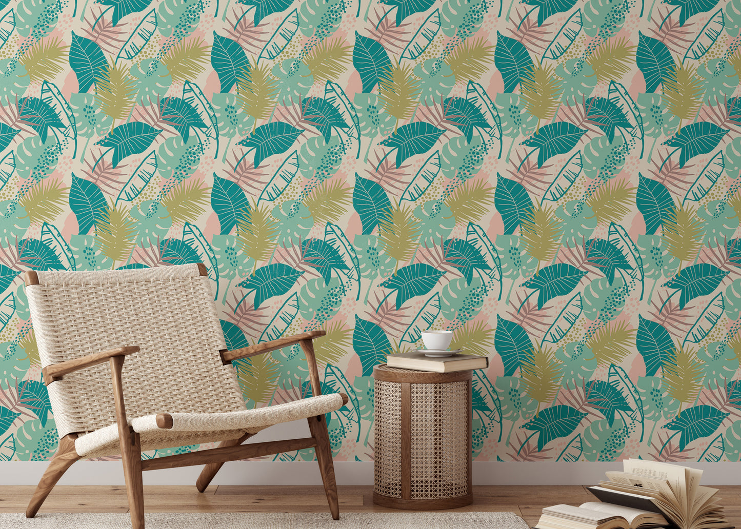 Colorful Tropical Plants Repeat Pattern Wallpaper