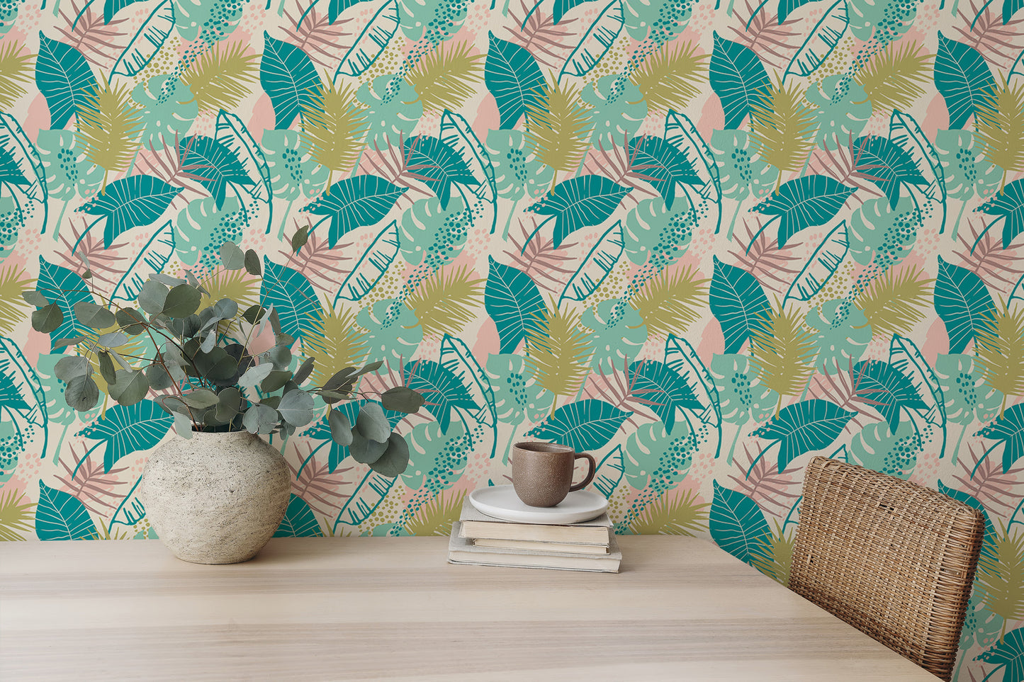 Colorful Tropical Plants Repeat Pattern Wallpaper