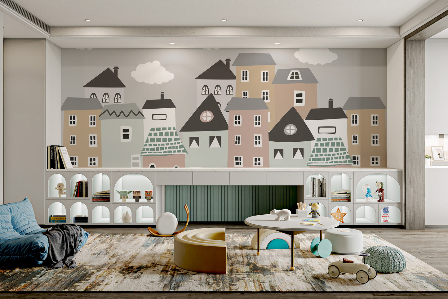 Whimsical house-themed mural for cozy nursery spaces