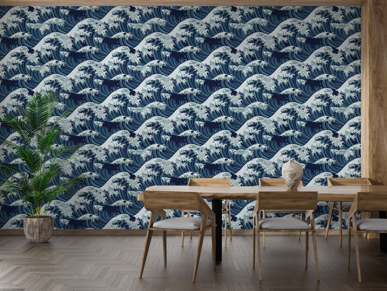 Blue ocean wave mural with repeating design