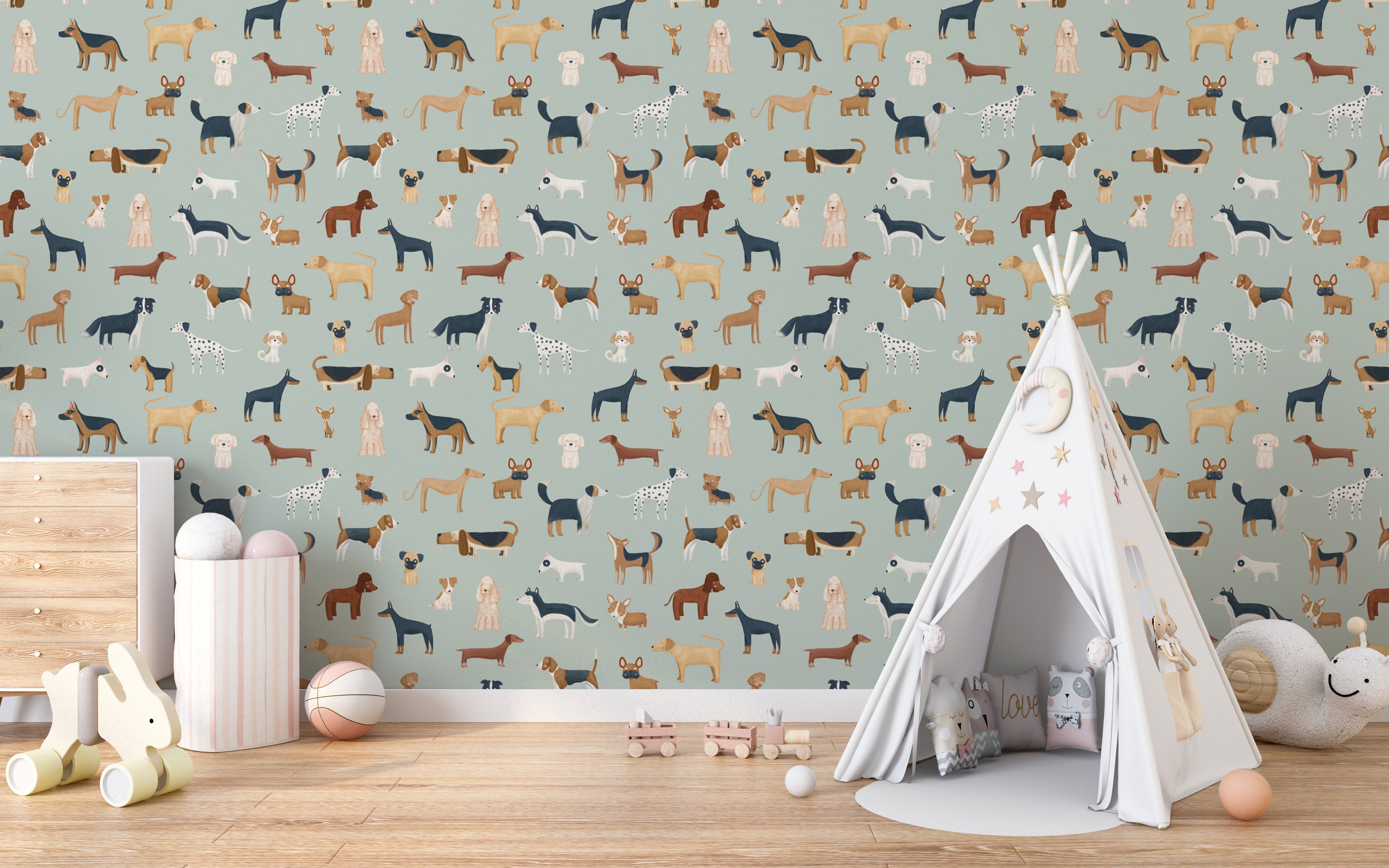 Adorable dogs breed design wallpaper in mint green tones
