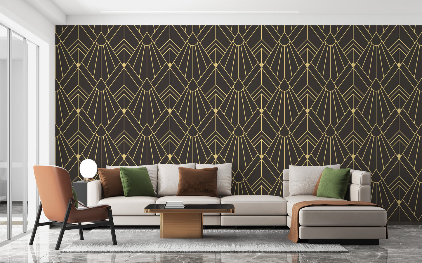 Art deco style mural with repeating gold lines
