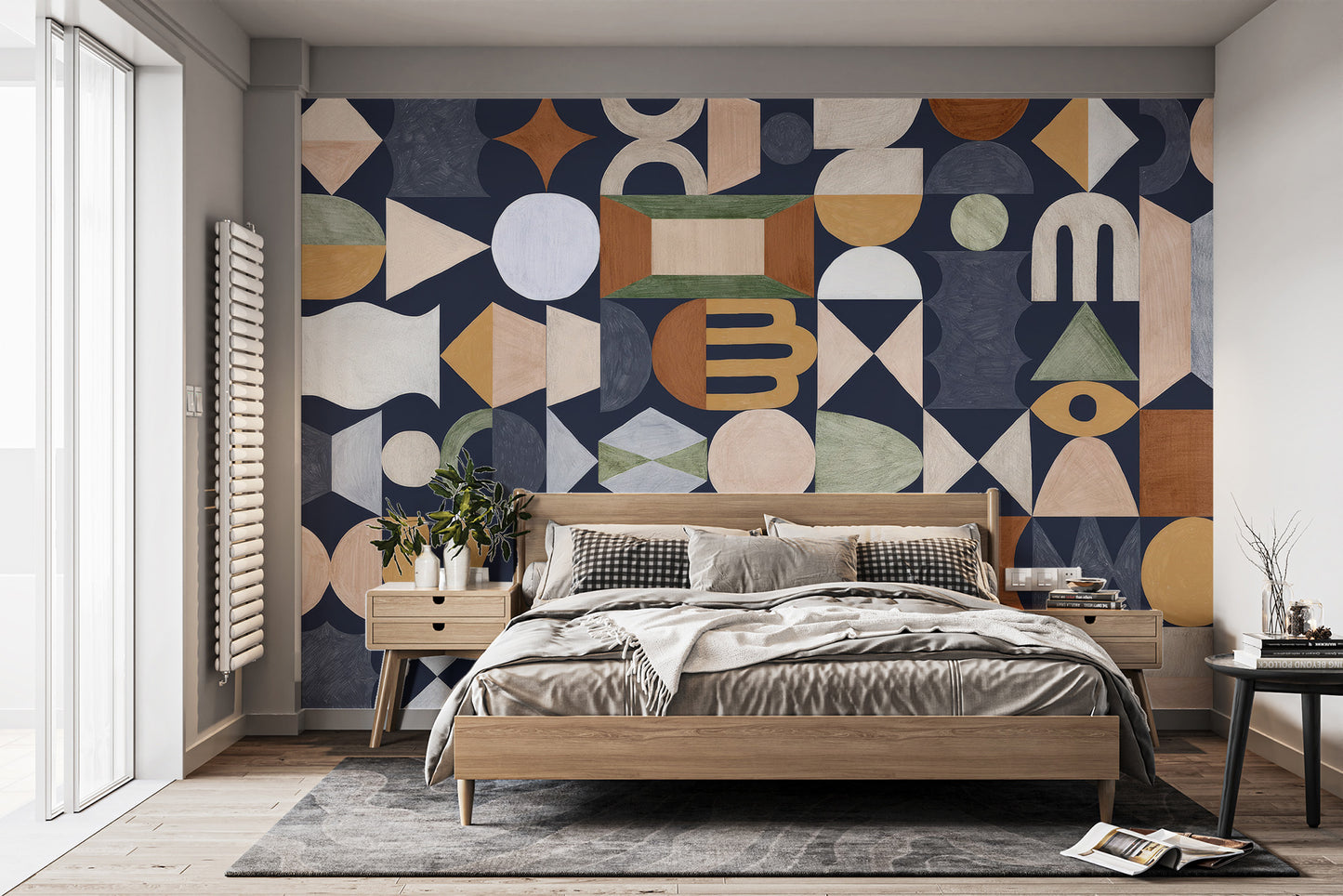 Vibrant geometric wallpaper with retro totem-style motifs
