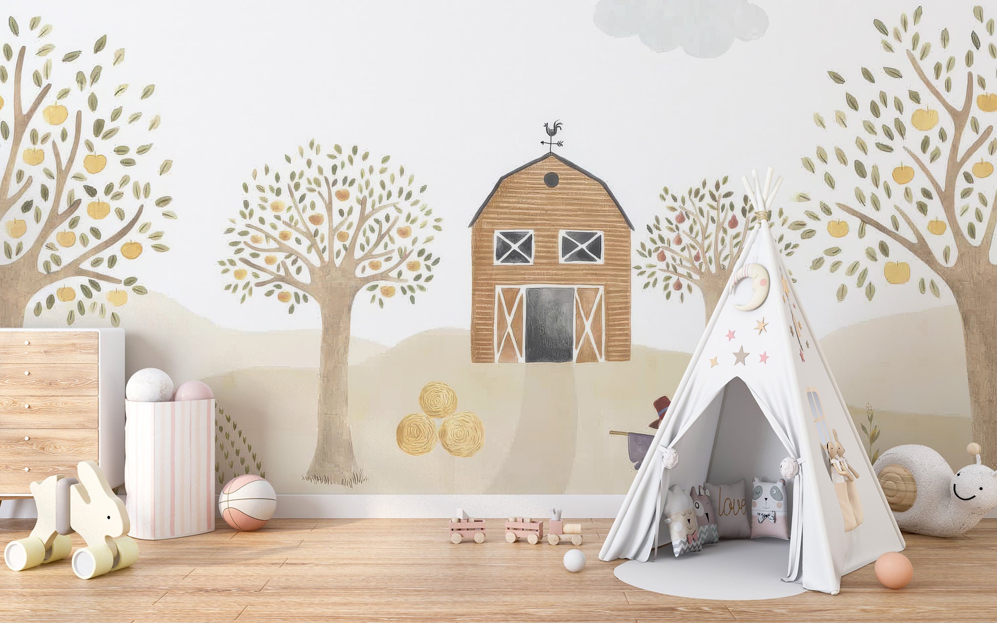 Temporary farmhouse wall mural for vibrant kids' rooms