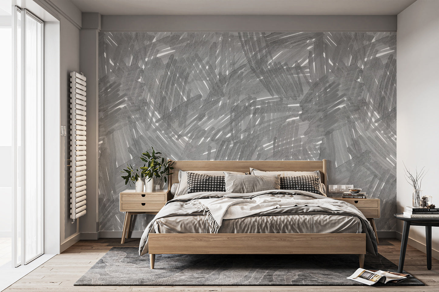 Modern mural with bold and minimalistic grey brushstrokes
