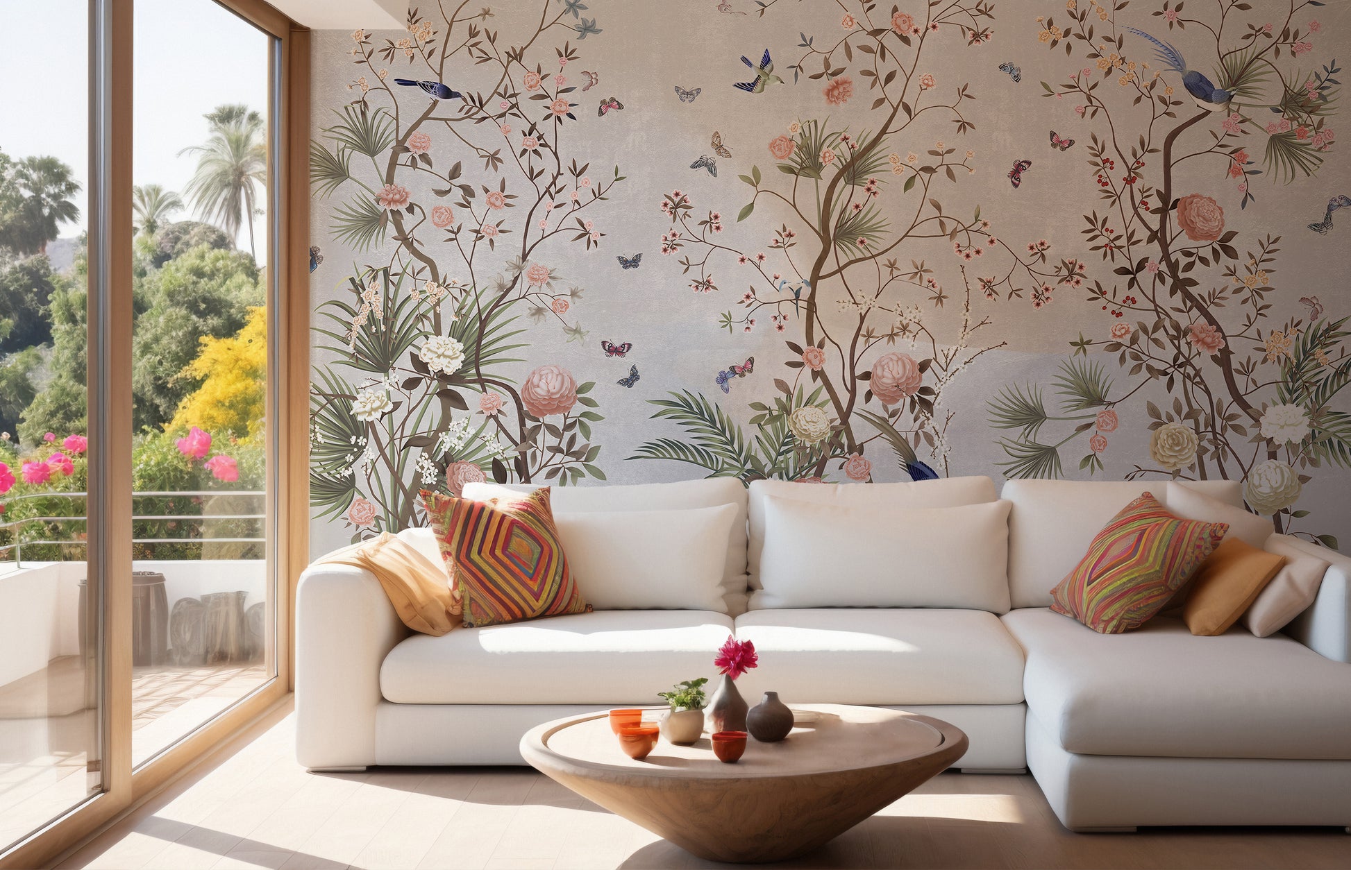 Elegant floral and bird mural for walls
