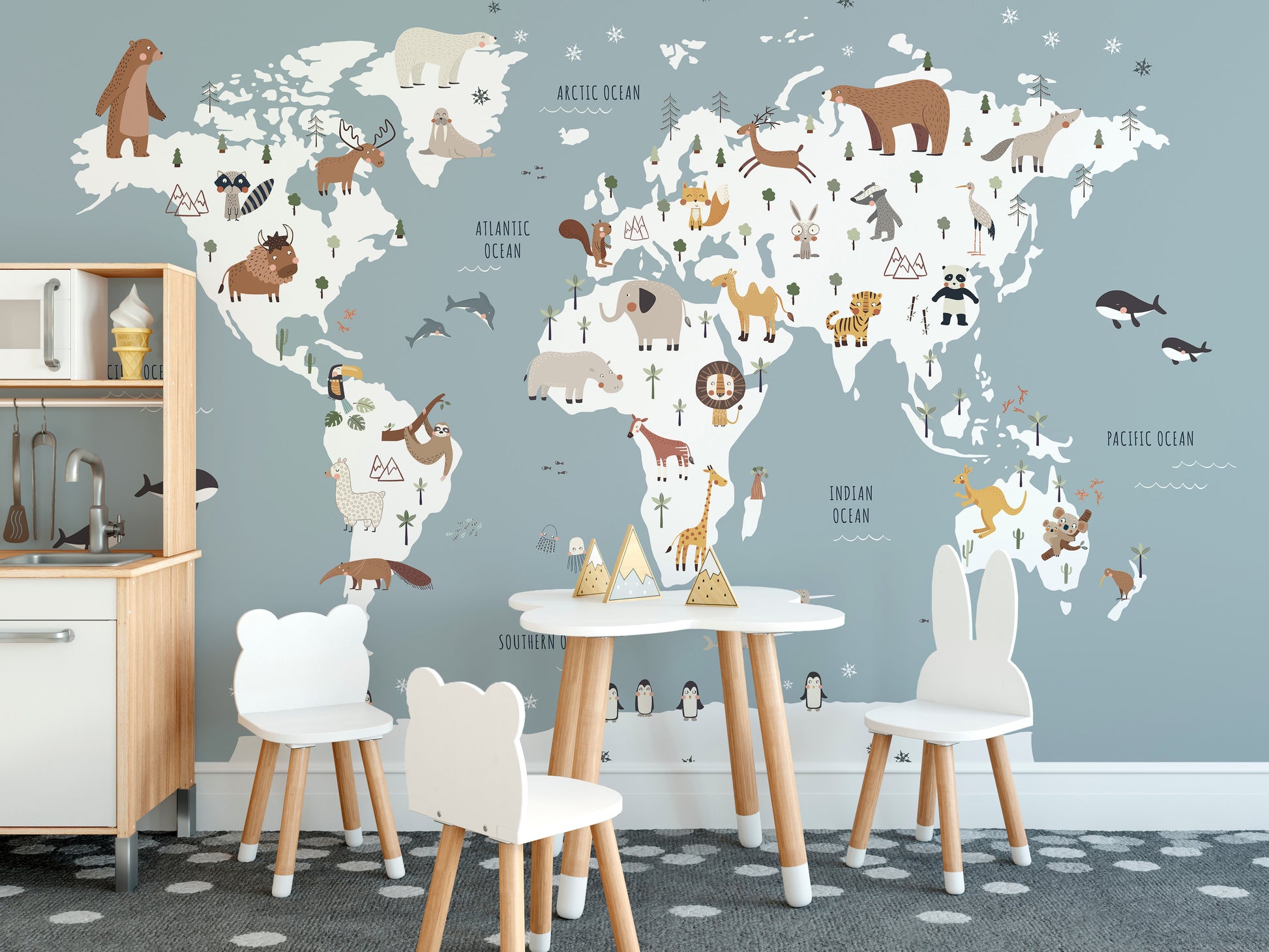 Animals and blue world map design for kids’ room decor
