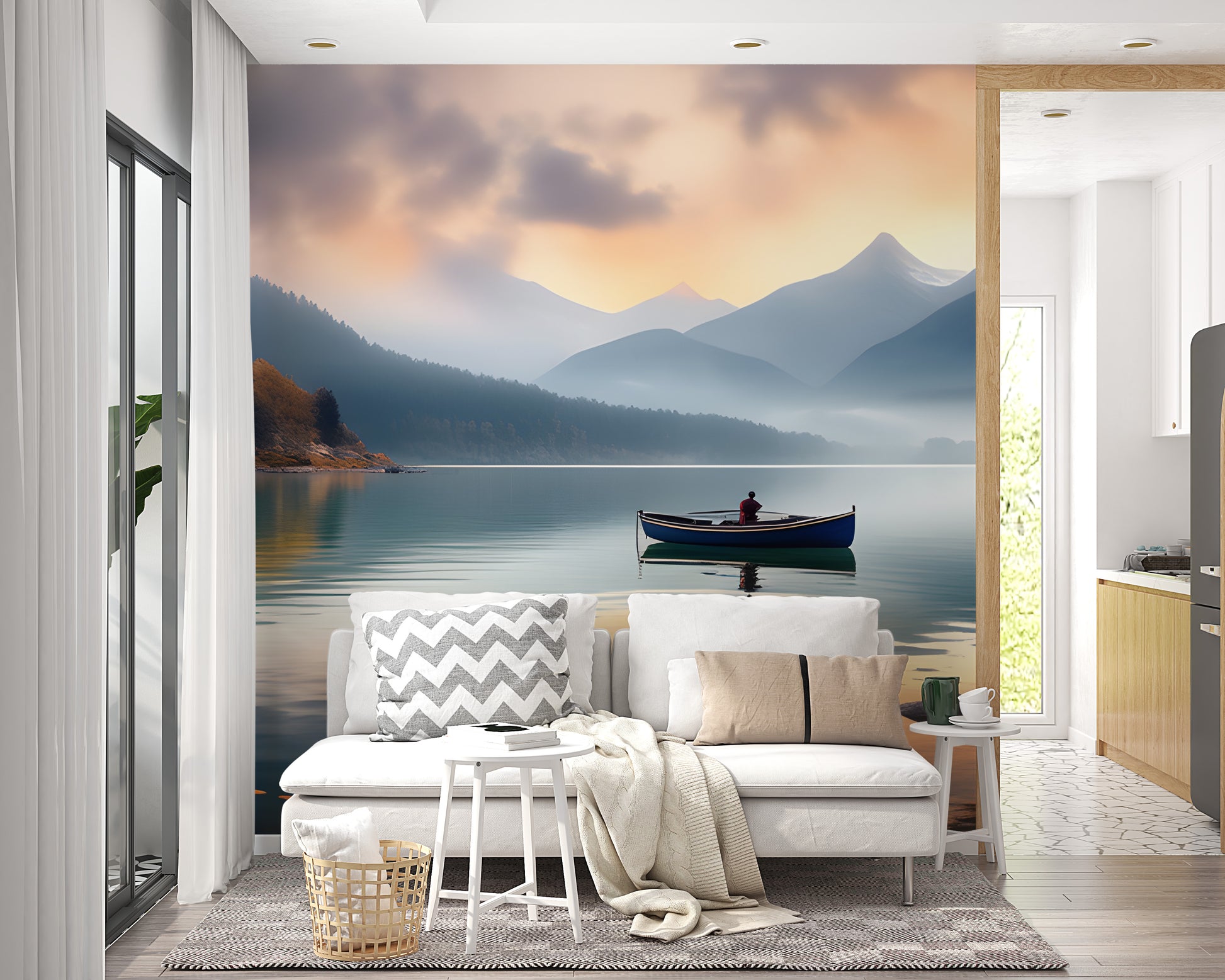 Misty mountain lake wallpaper mural
