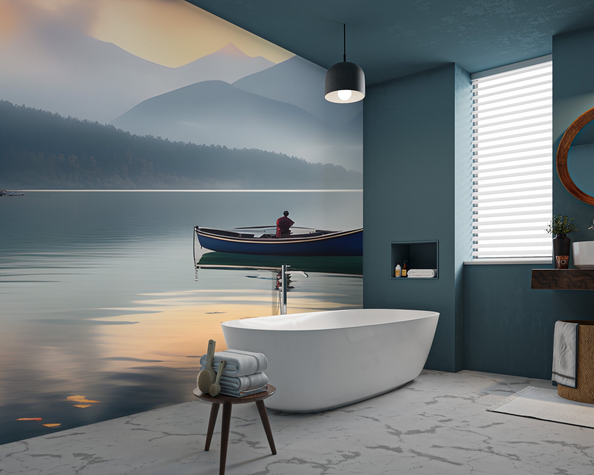 Tranquil lake with misty peaks mural
