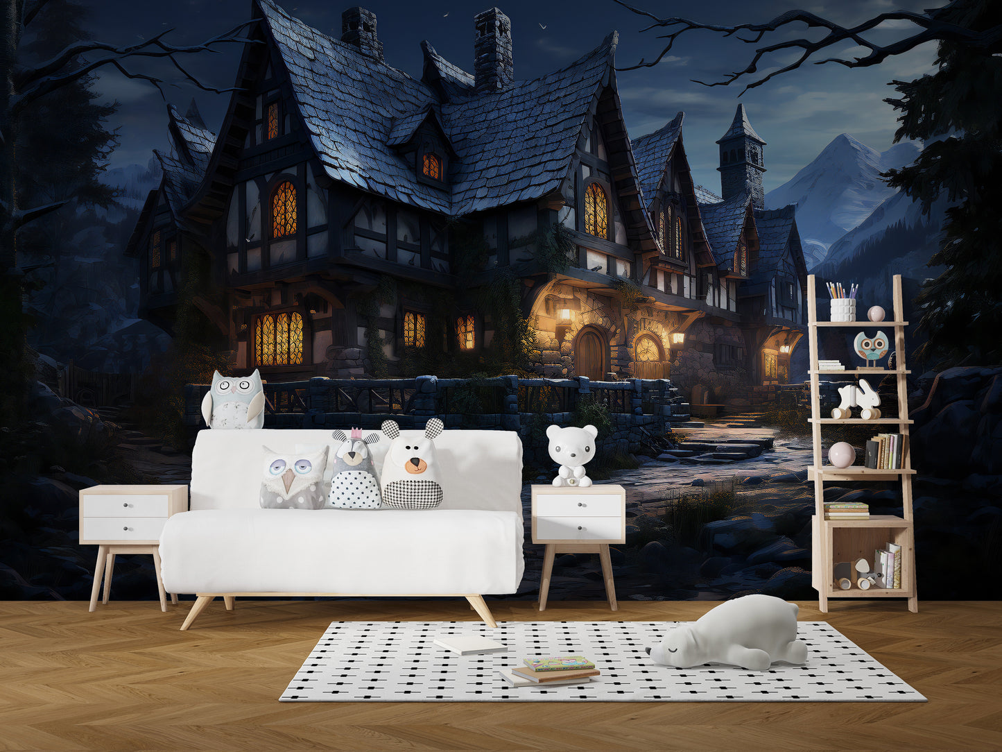 Wall mural showcasing a dark and eerie haunted cottage
