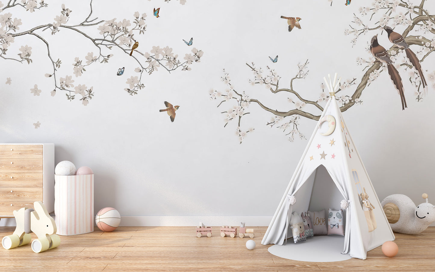 Room wallpaper featuring peach blossoms and birds