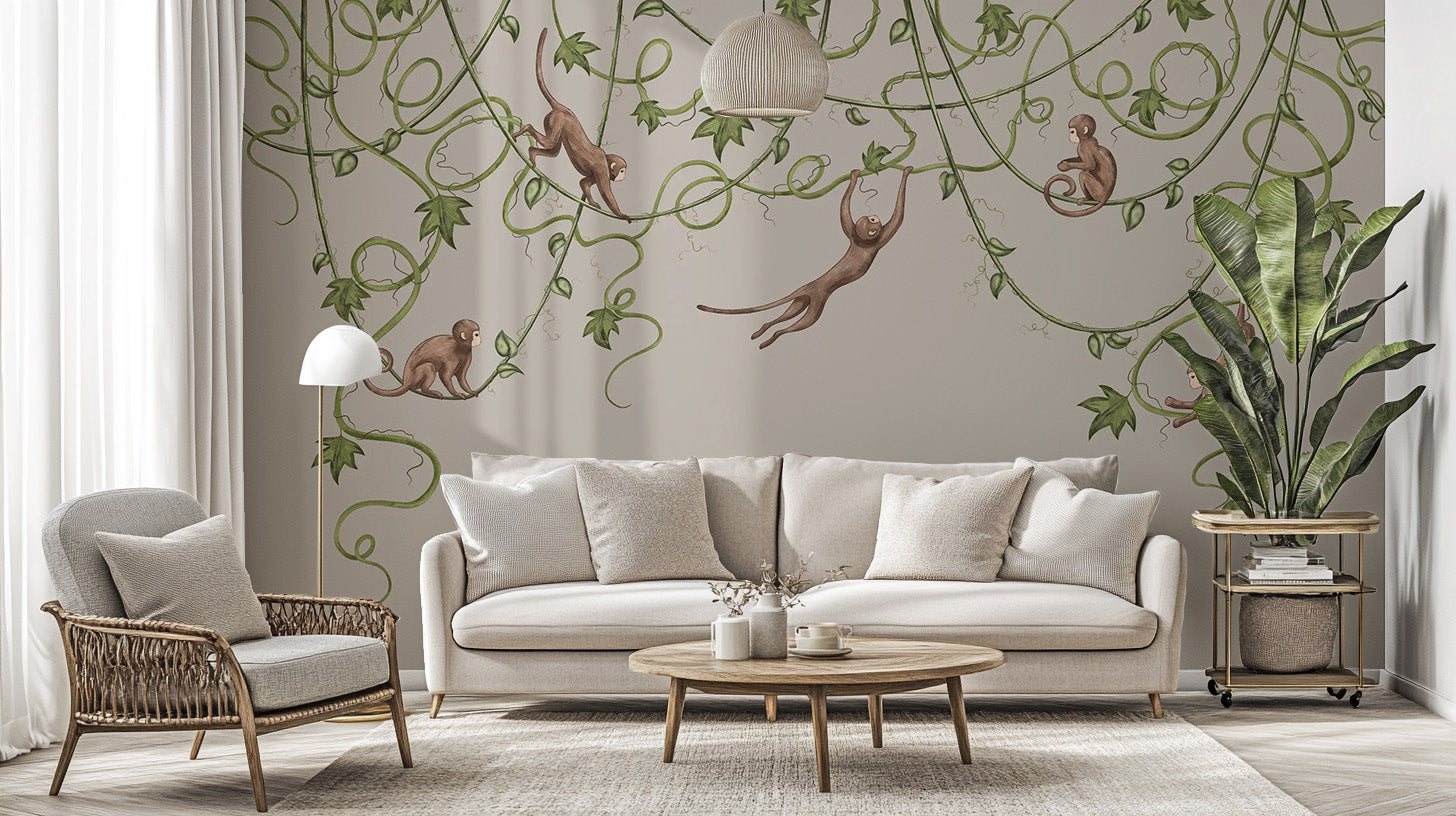 Joyful monkey design, ideal for a child's room wallpaper.
