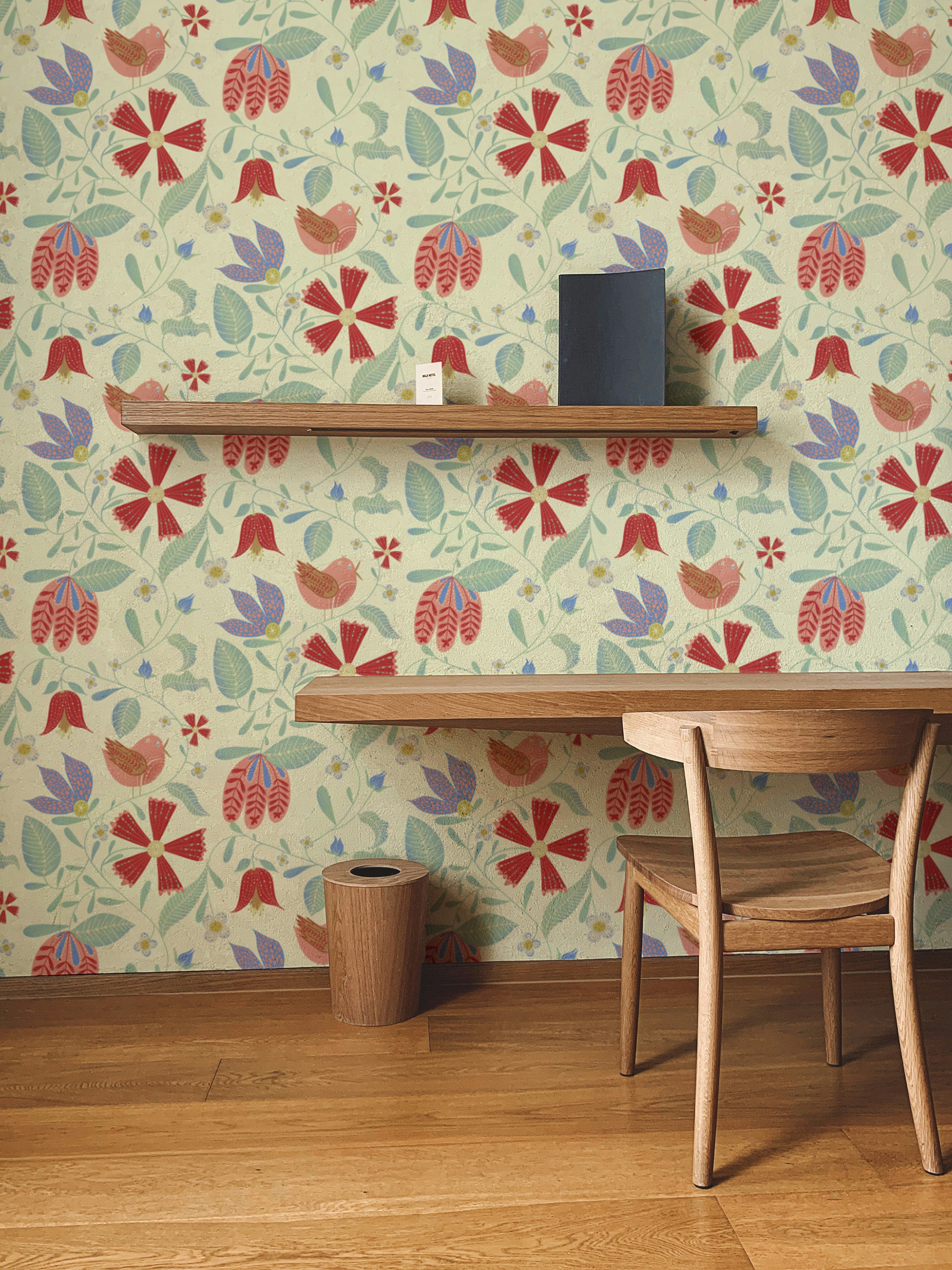 Charming wallpaper featuring whimsical folksy bird designs
