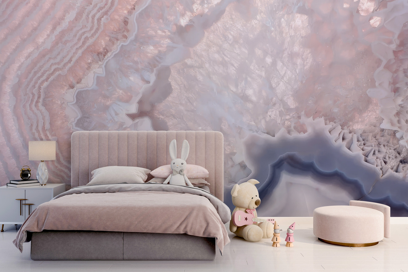 Rose quartz wall mural with soft, soothing pink tones
