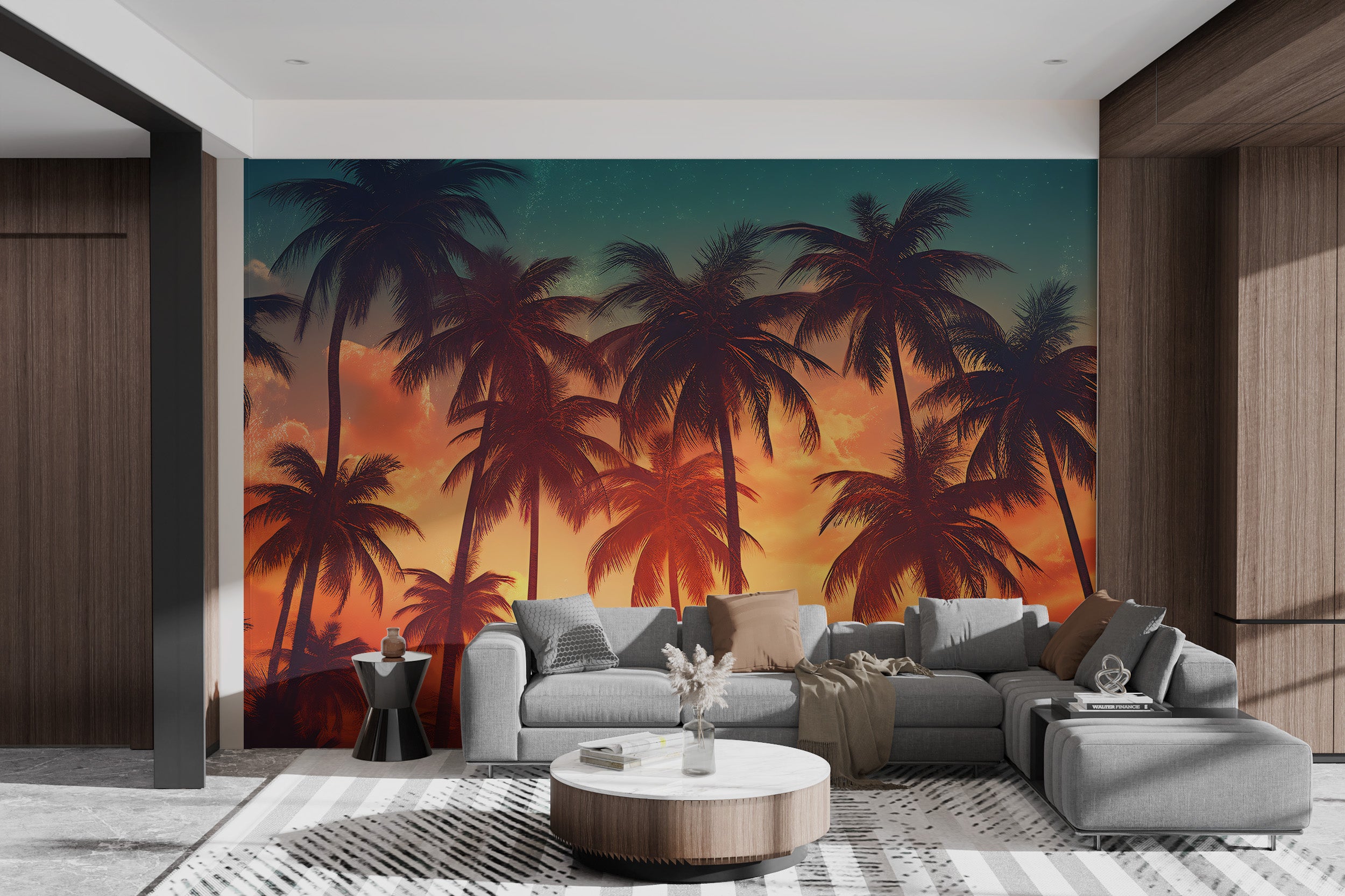 Tropical sunset palm tree wallpaper with warm tones
