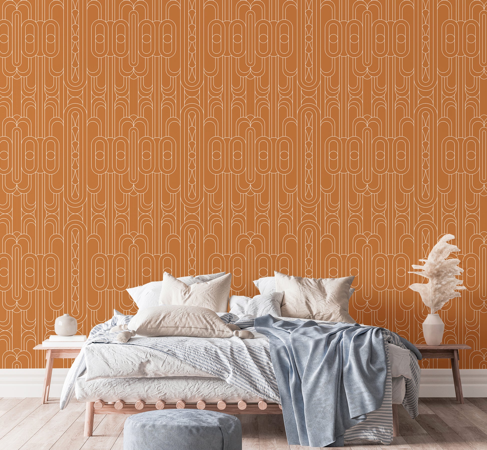 Stylish orange Deco wallpaper with white details.