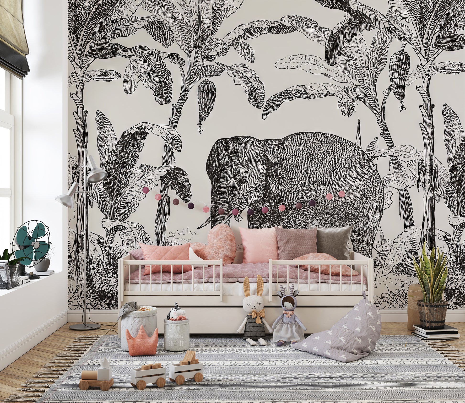 Modern elephant mural with abstract sketch-style elements
