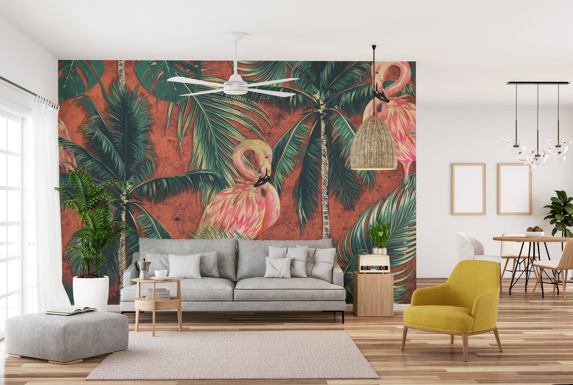 Dark tropical forest wallpaper with flamingos.
