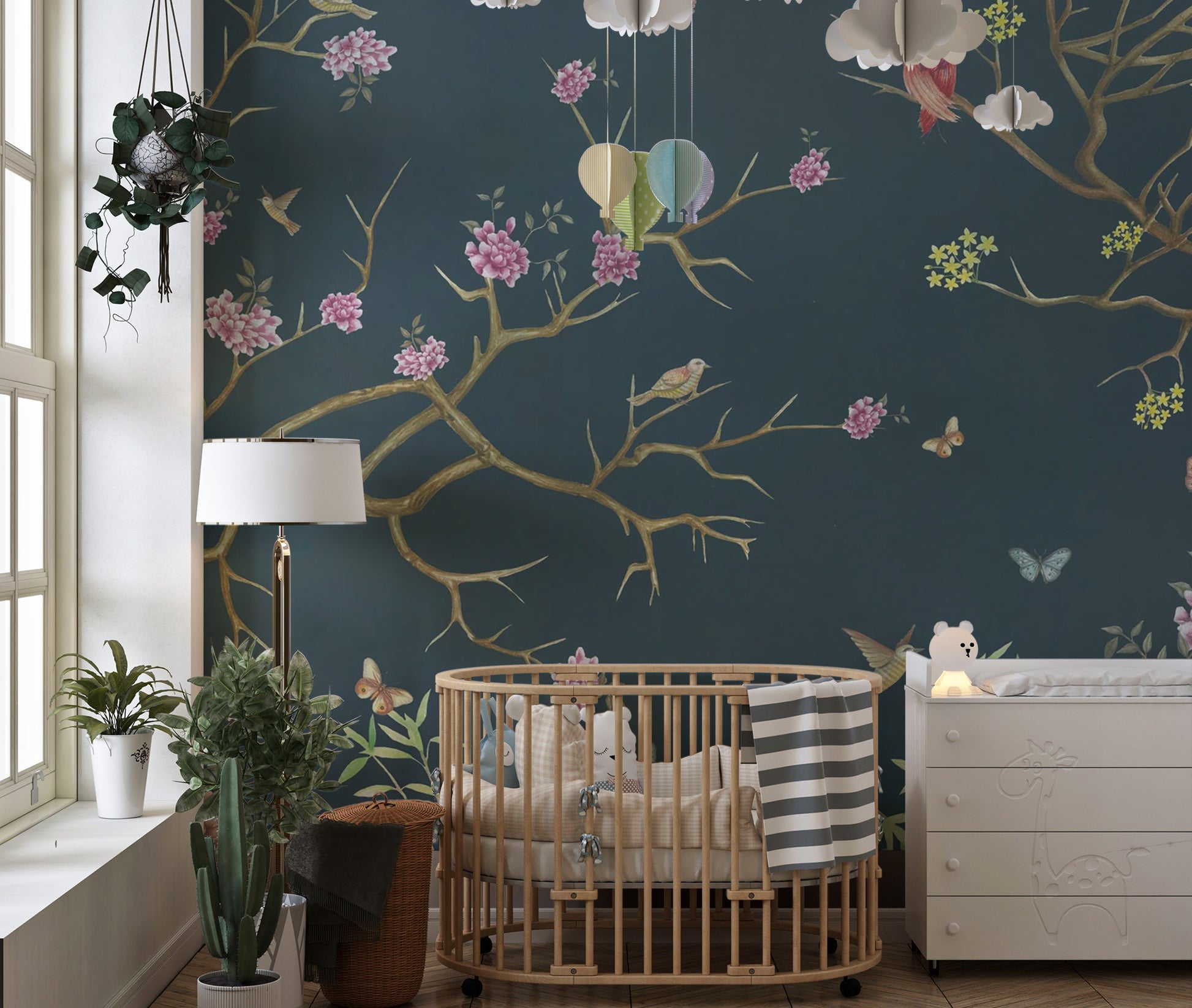 Artistic dark blue chinoiserie wallpaper for interiors
