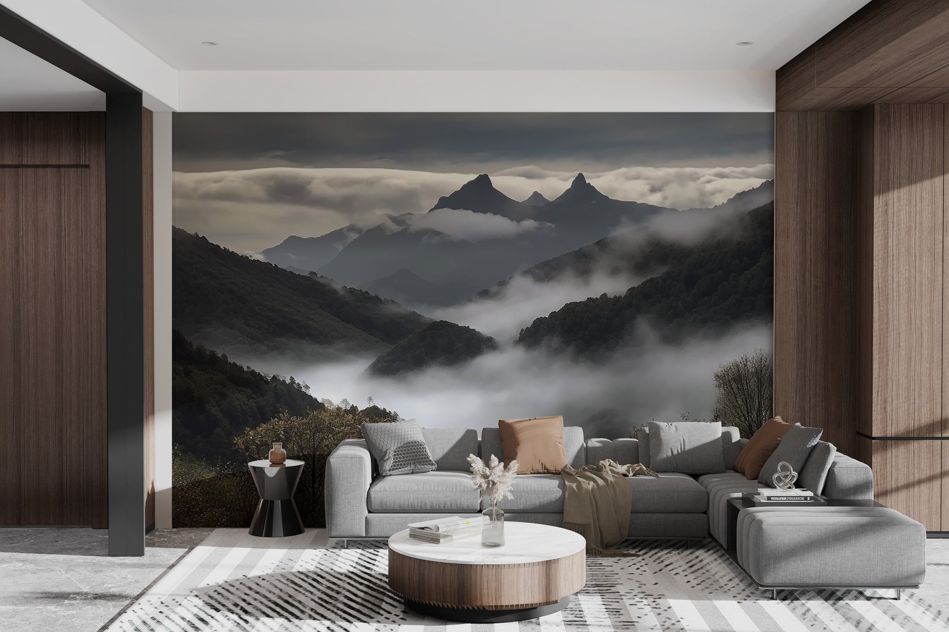 Serene misty peaks wallpaper decor
