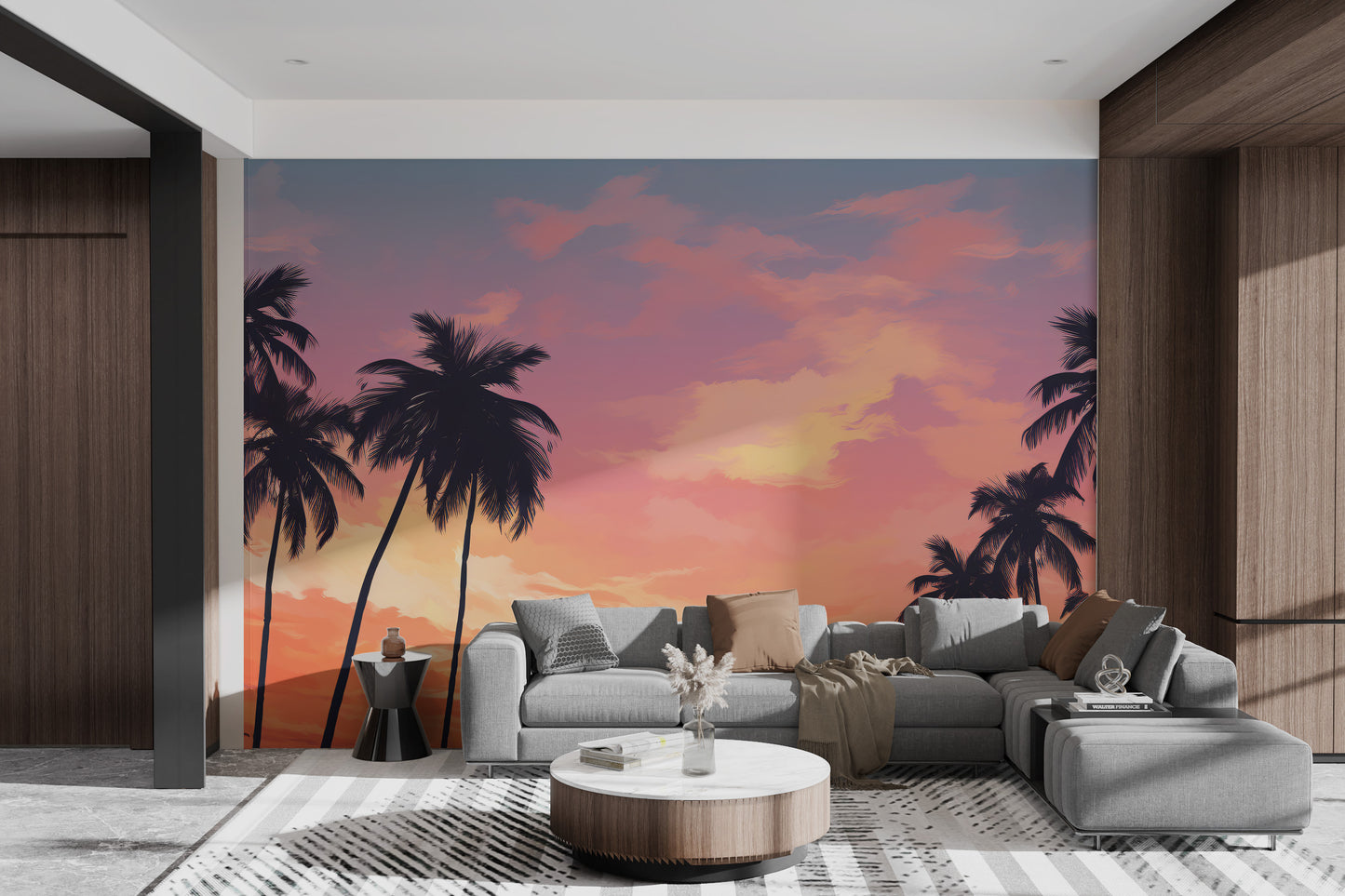 Coastal sunset palm tree mural for walls
