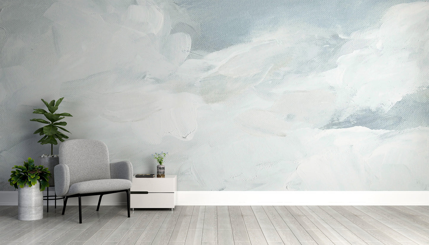 Elegant watercolor sky mural creating a serene atmosphere.
