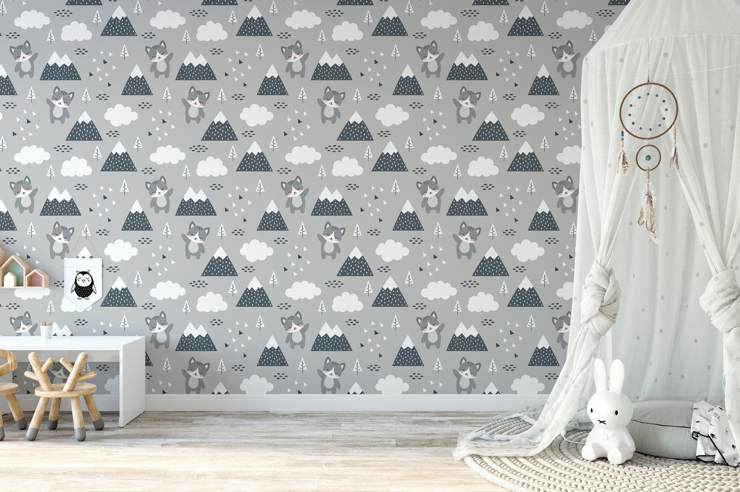 Scandinavian cat mural wallpaper design
