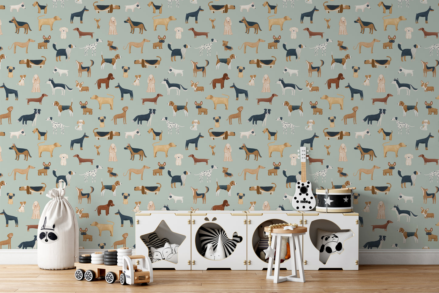 Wall decor with a mint green pattern of dog breeds
