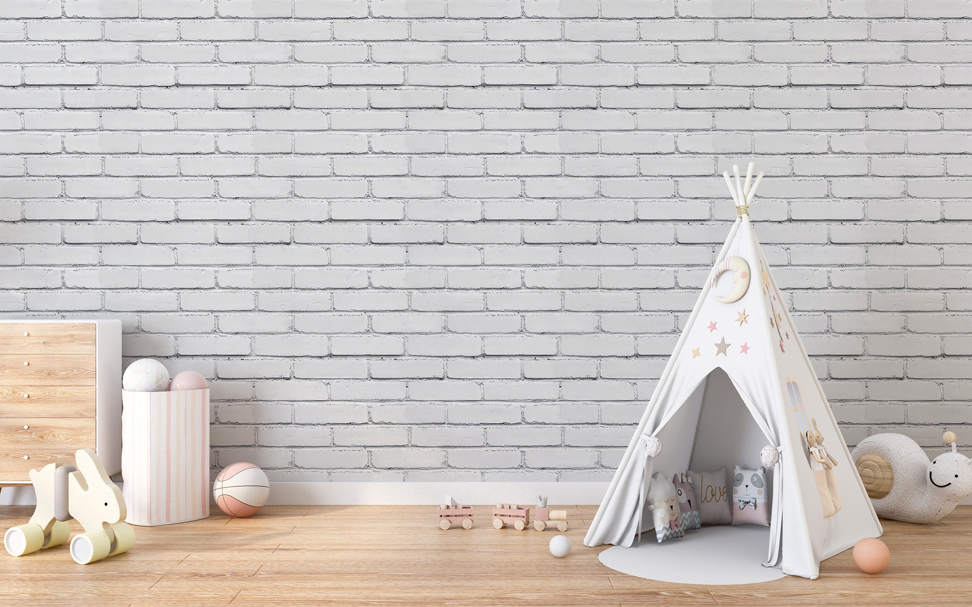 Room wallpaper featuring a clean white brick design