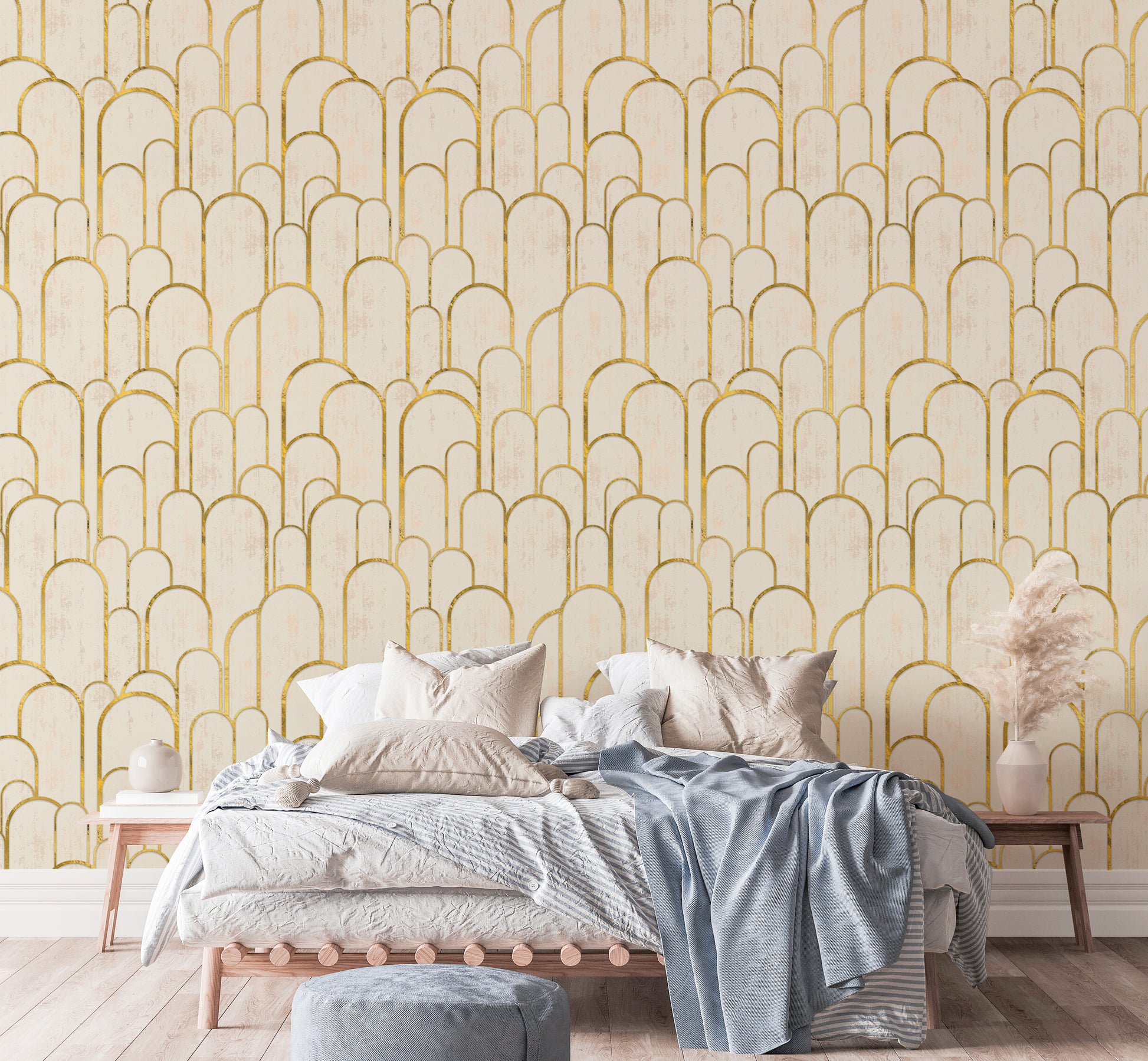 Decorative golden arch Deco style wallpaper.