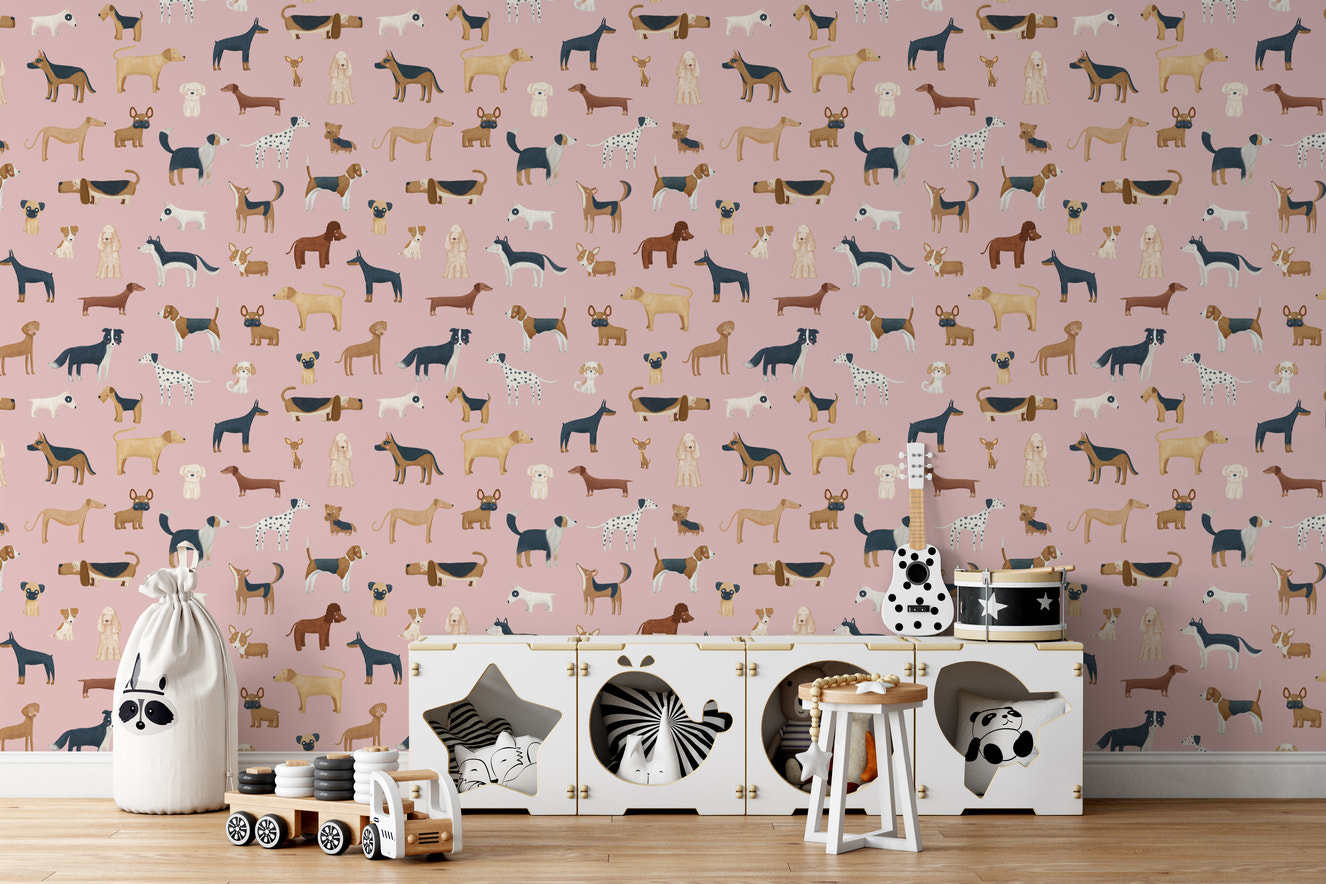 Playful pink wallpaper featuring various dog breeds
