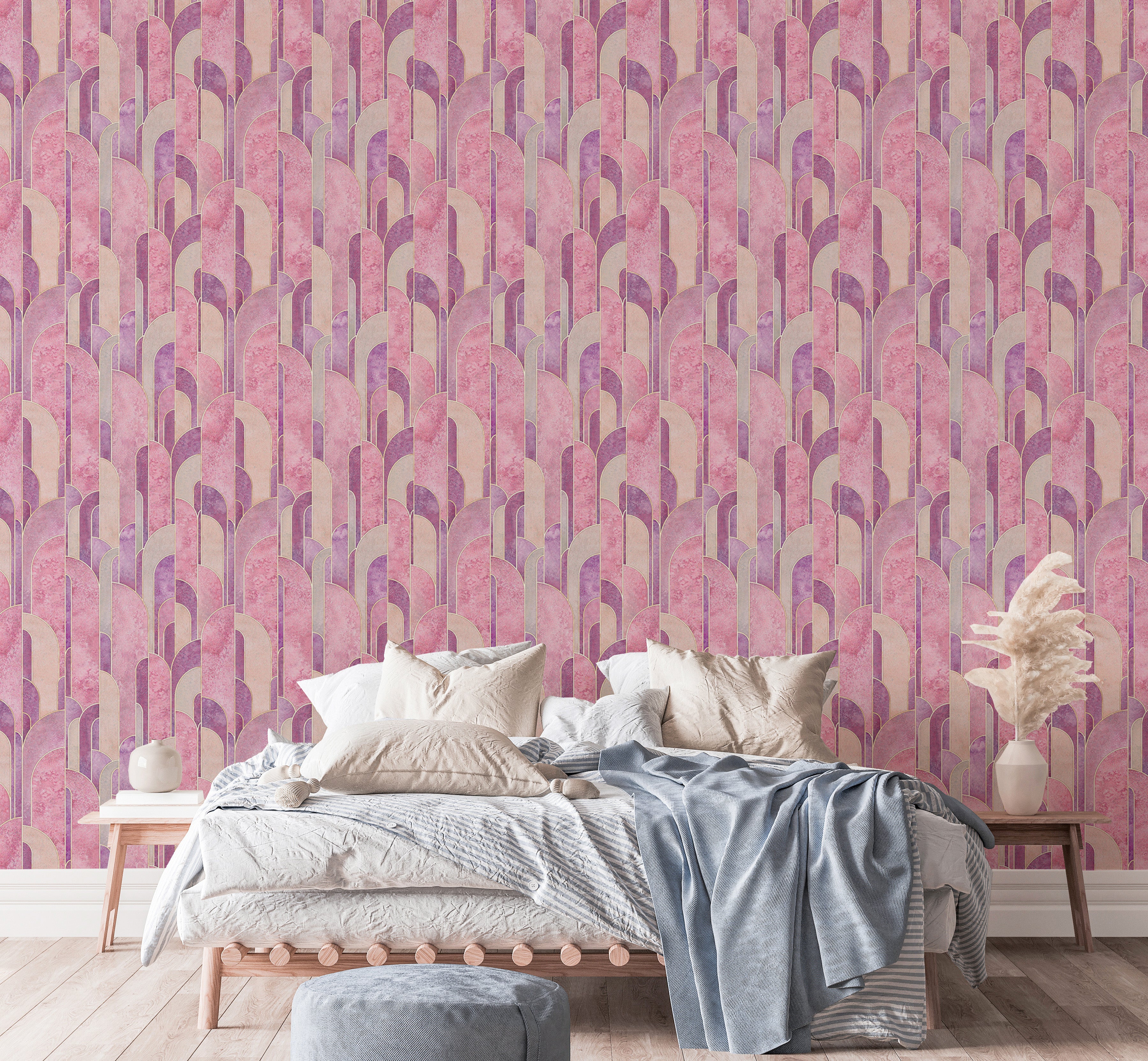 Contemporary pink Deco geometric wall patterns.