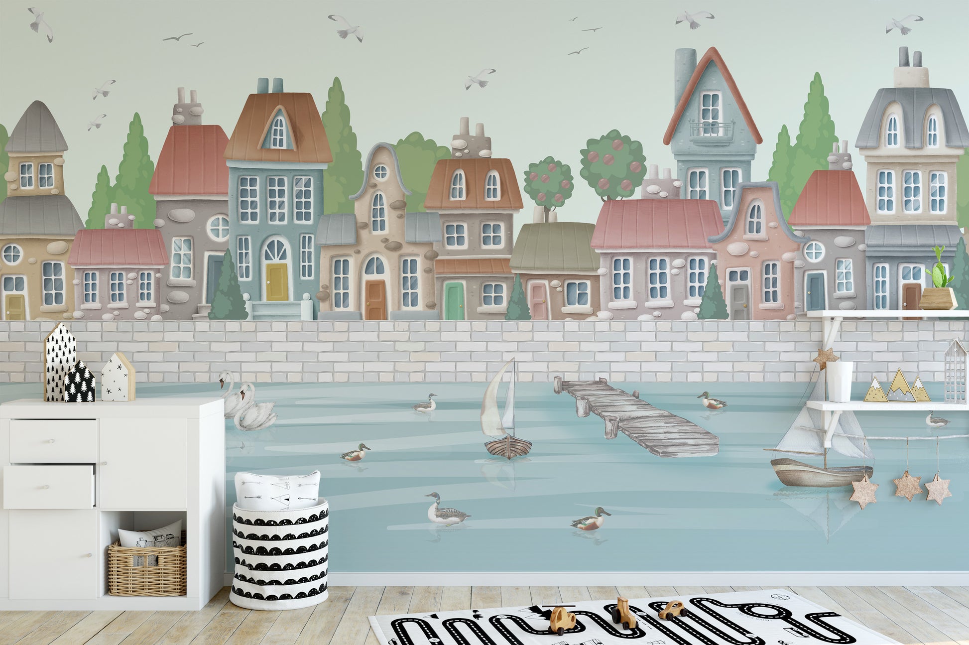 Seaside Coastal Town Wallpaper Mural